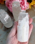 White Selenite Crystal Tower - Engraved with Triquetra - Back of Tower