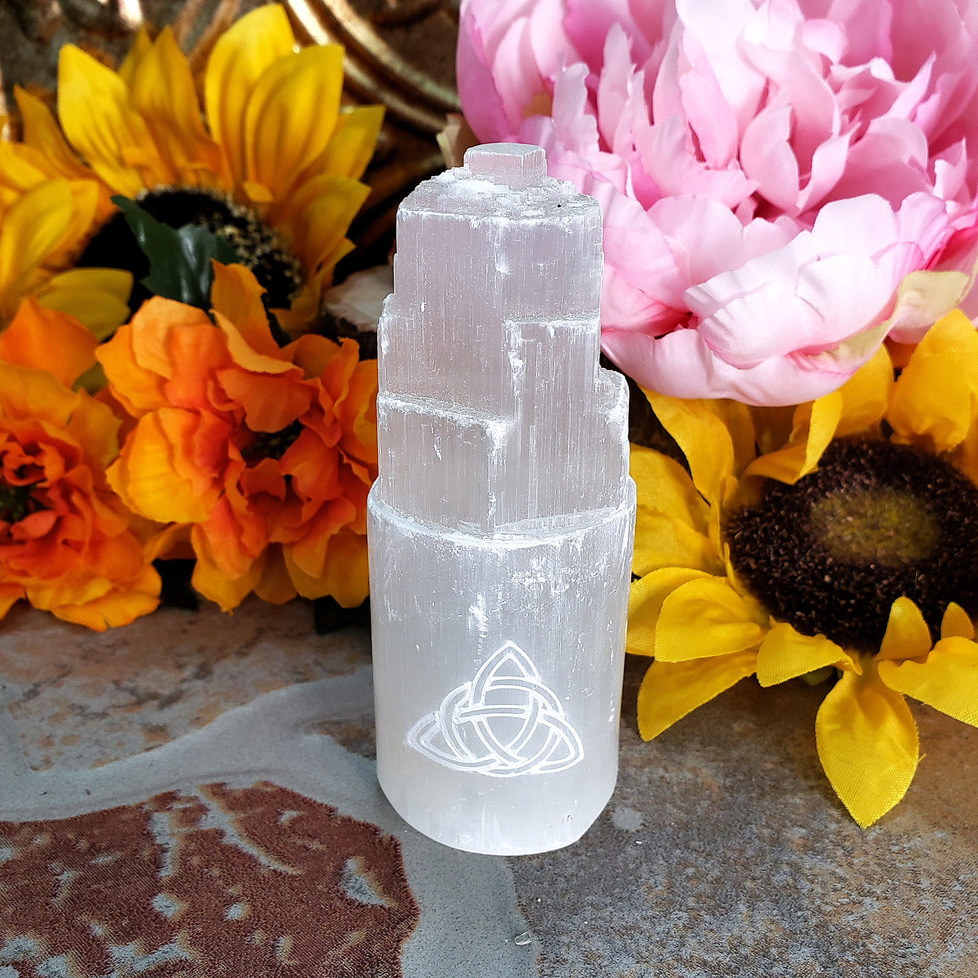 White Selenite Crystal Tower - Engraved with Triquetra