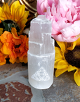 White Selenite Crystal Tower - Engraved with Triquetra