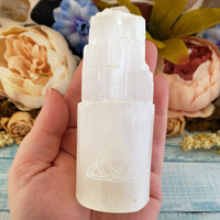 Triquetra Cleansing Gift Set - Selenite Tower, White Sage, Altar Cloth, & Smudge Pot - Triquetra Engraved Selenite Tower