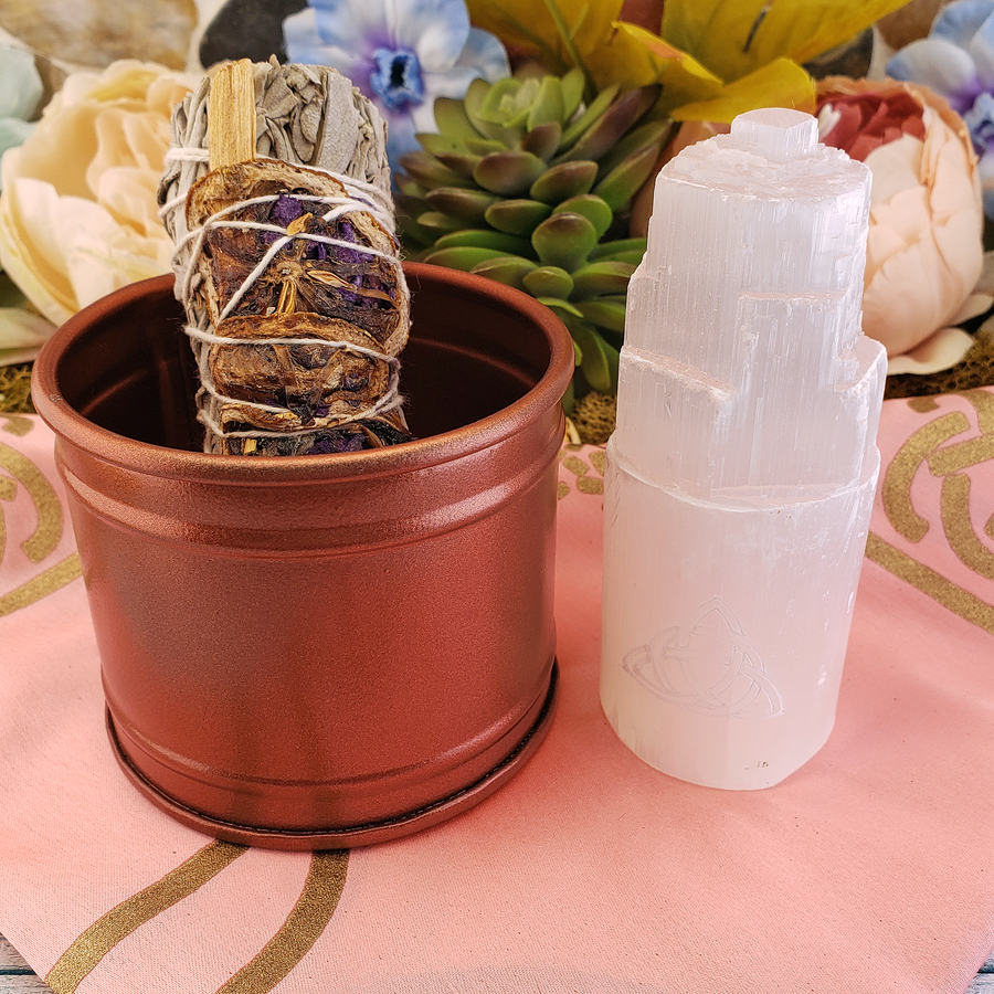 Triquetra Cleansing Gift Set - Selenite Tower, White Sage, Altar Cloth, & Smudge Pot - Pink Altar Cloth