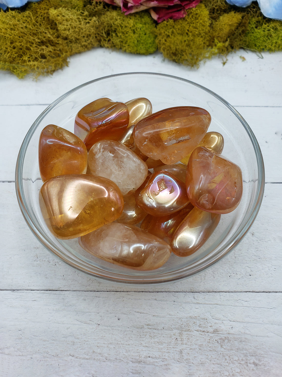 tangerine aura quartz in glass bowl