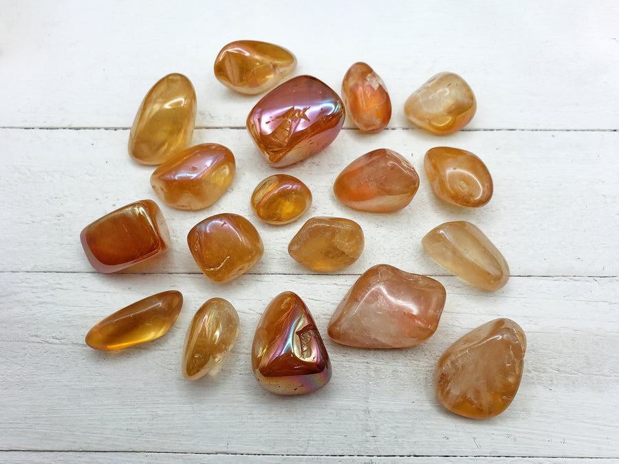 tangerine aura quartz on display