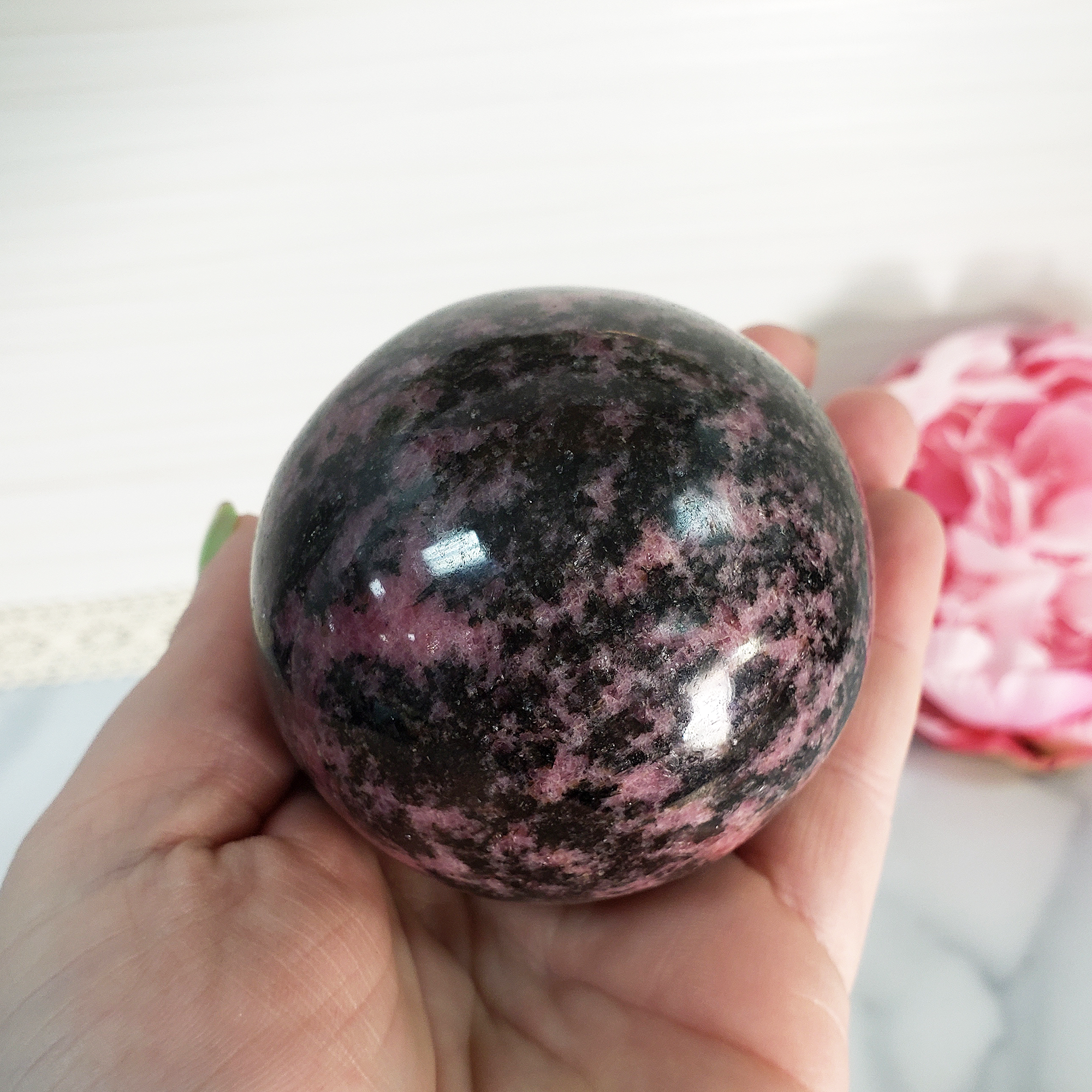 Unique Rhodonite Crystal Sphere Natural Gemstone Orb | 62mm | Mercy - 2