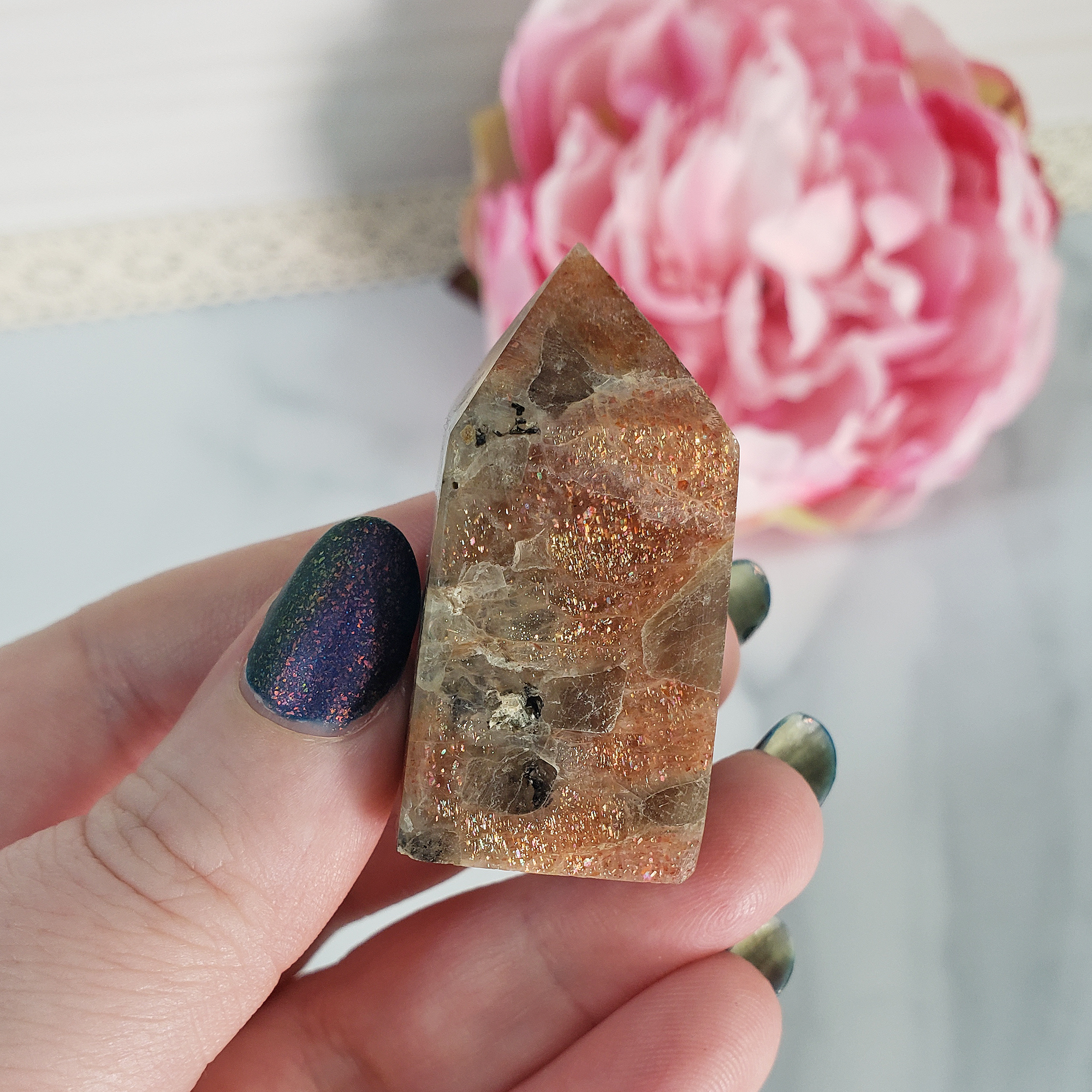 Unique Small Confetti Sunstone with Black Tourmaline Natural Crystal Tower Point - Libtakan - Internal Shimmer