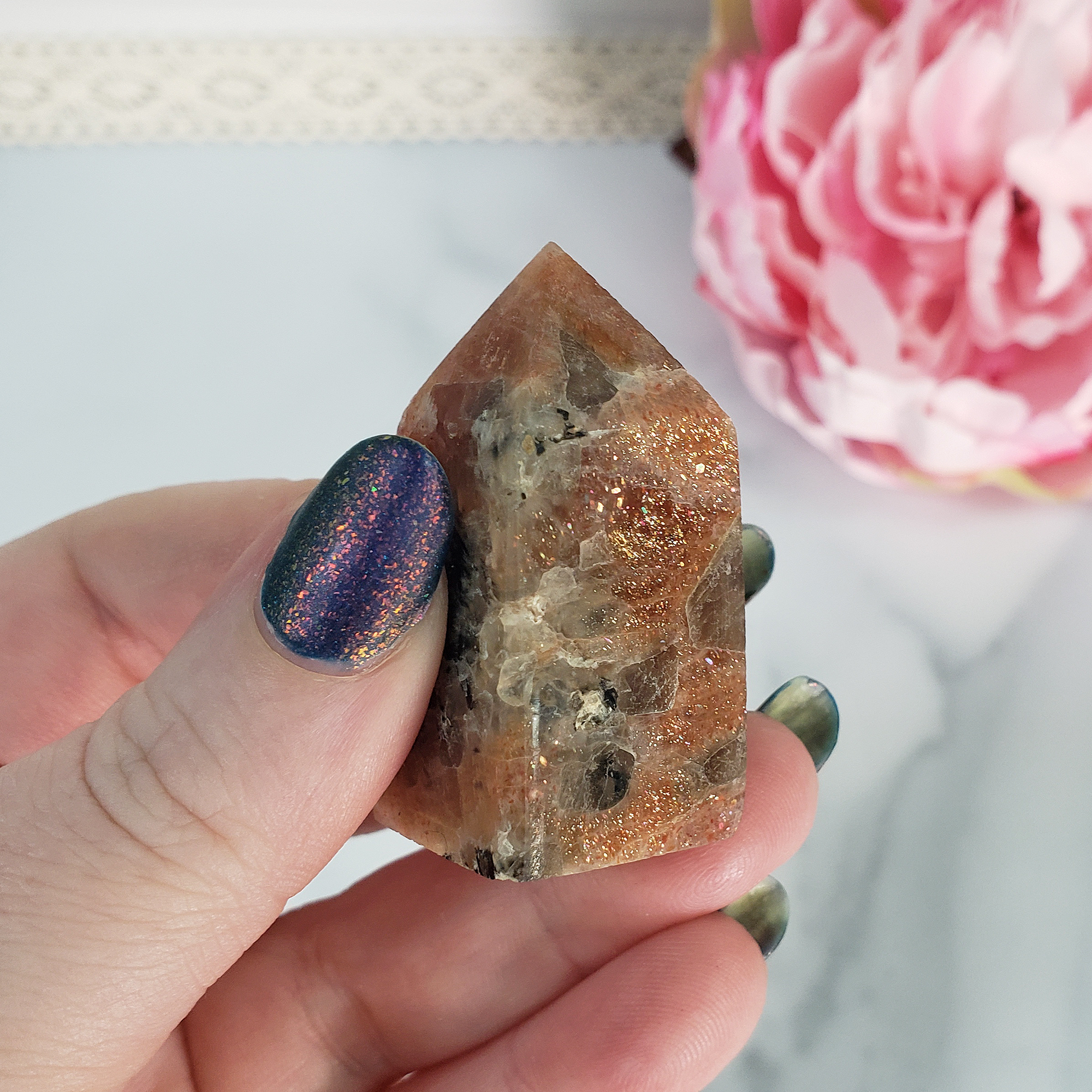 Unique Small Confetti Sunstone with Black Tourmaline Natural Crystal Tower Point - Libtakan - In Hand