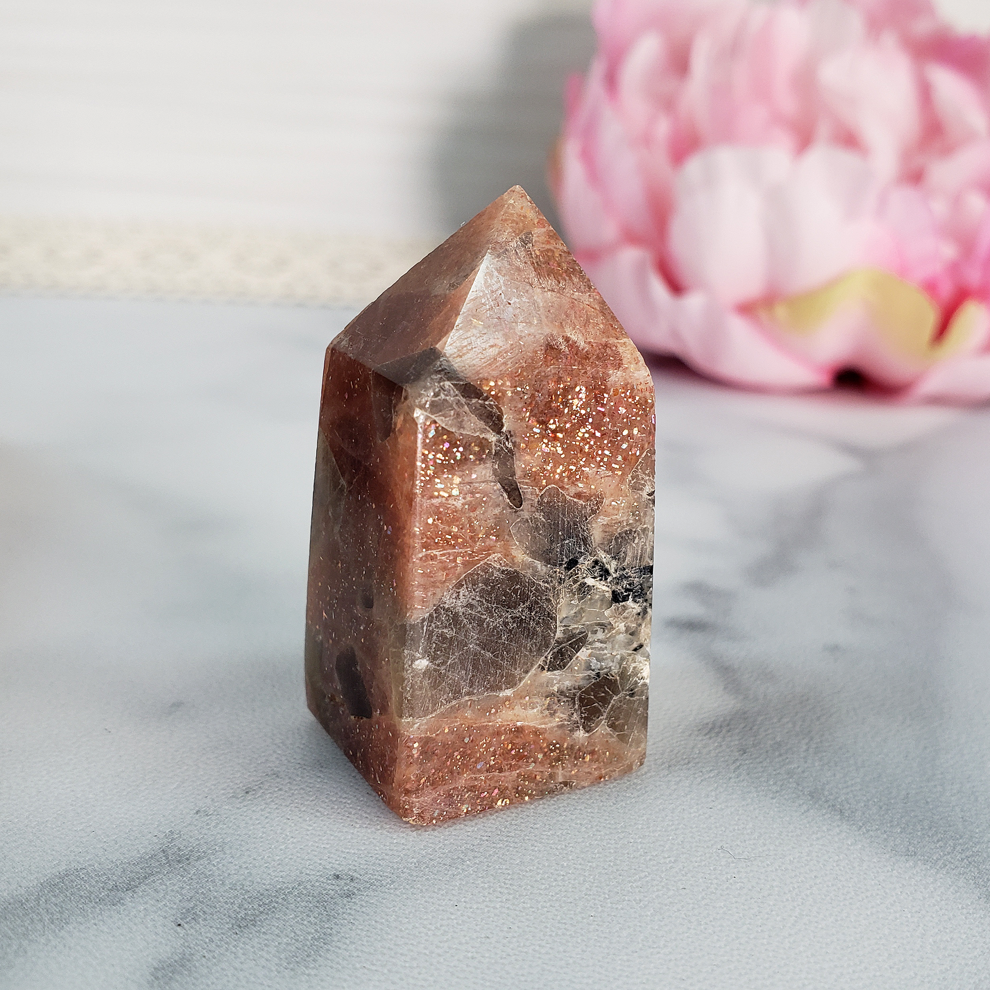 Unique Small Confetti Sunstone with Black Tourmaline Natural Crystal Tower Point - Libtakan - Internal Glittering