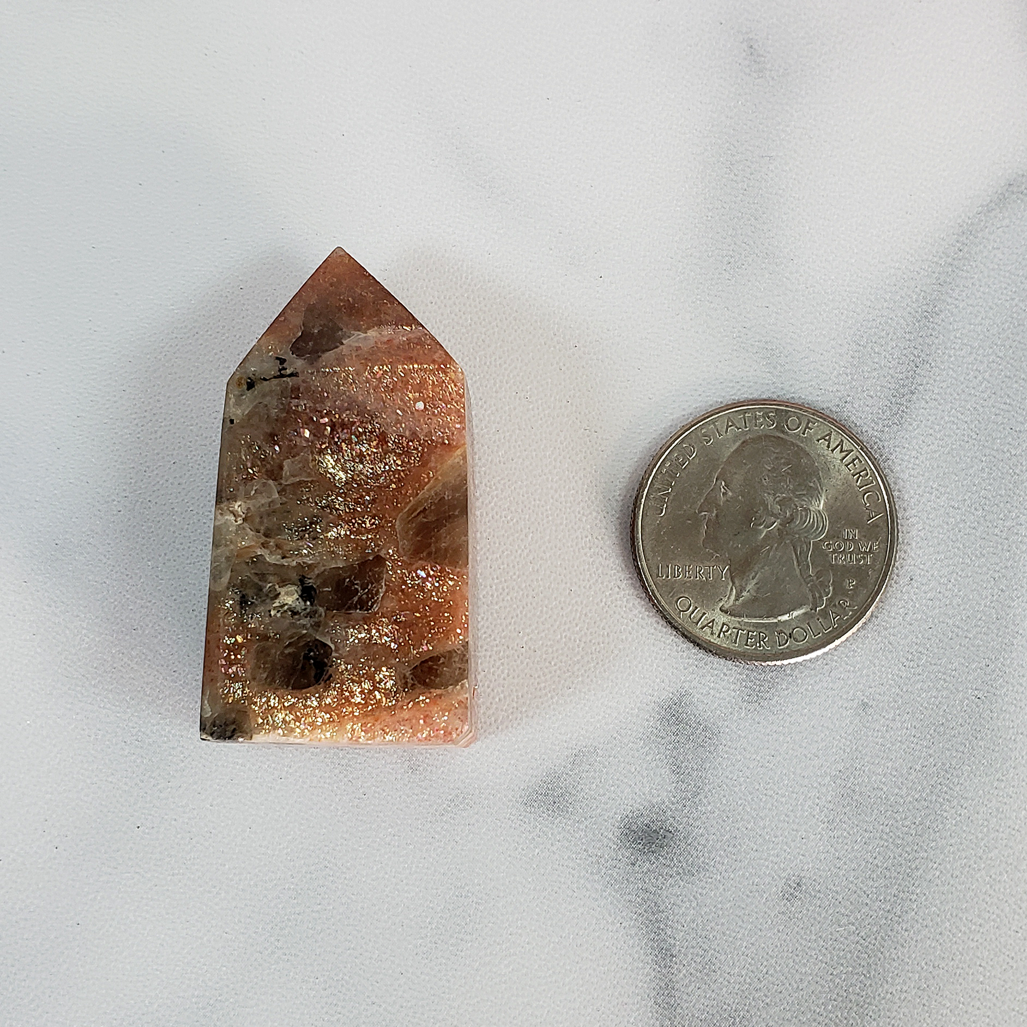 Unique Small Confetti Sunstone with Black Tourmaline Natural Crystal Tower Point - Libtakan - Size Comparison