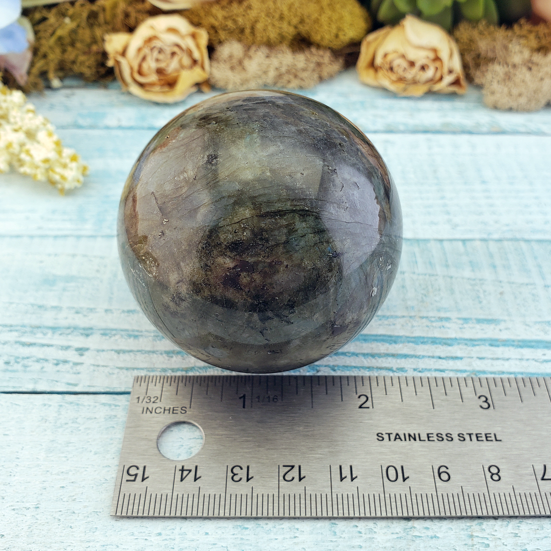 Unique Labradorite Crystal Sphere 57mm Gemstone Orb - Loki - Measurement
