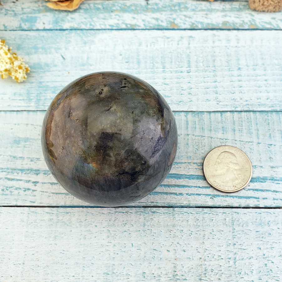 Unique Labradorite Crystal Sphere 57mm Gemstone Orb - Loki - Size Comparison