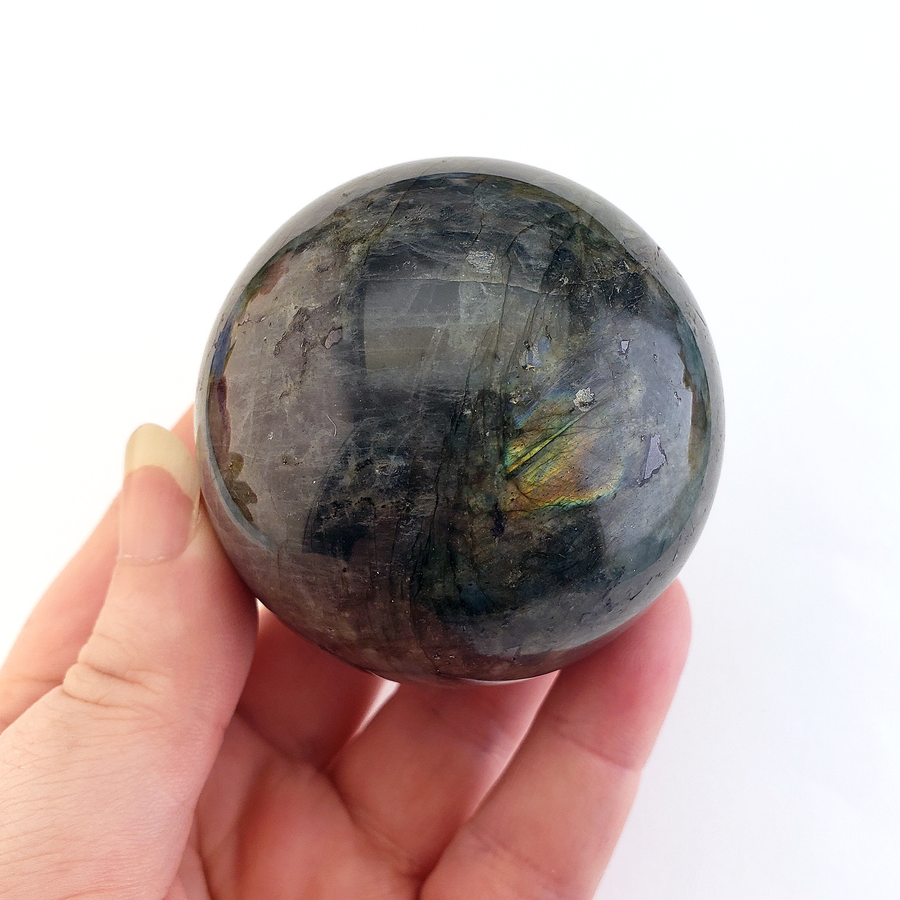 Unique Labradorite Crystal Sphere 57mm Gemstone Orb - Loki - In Hand