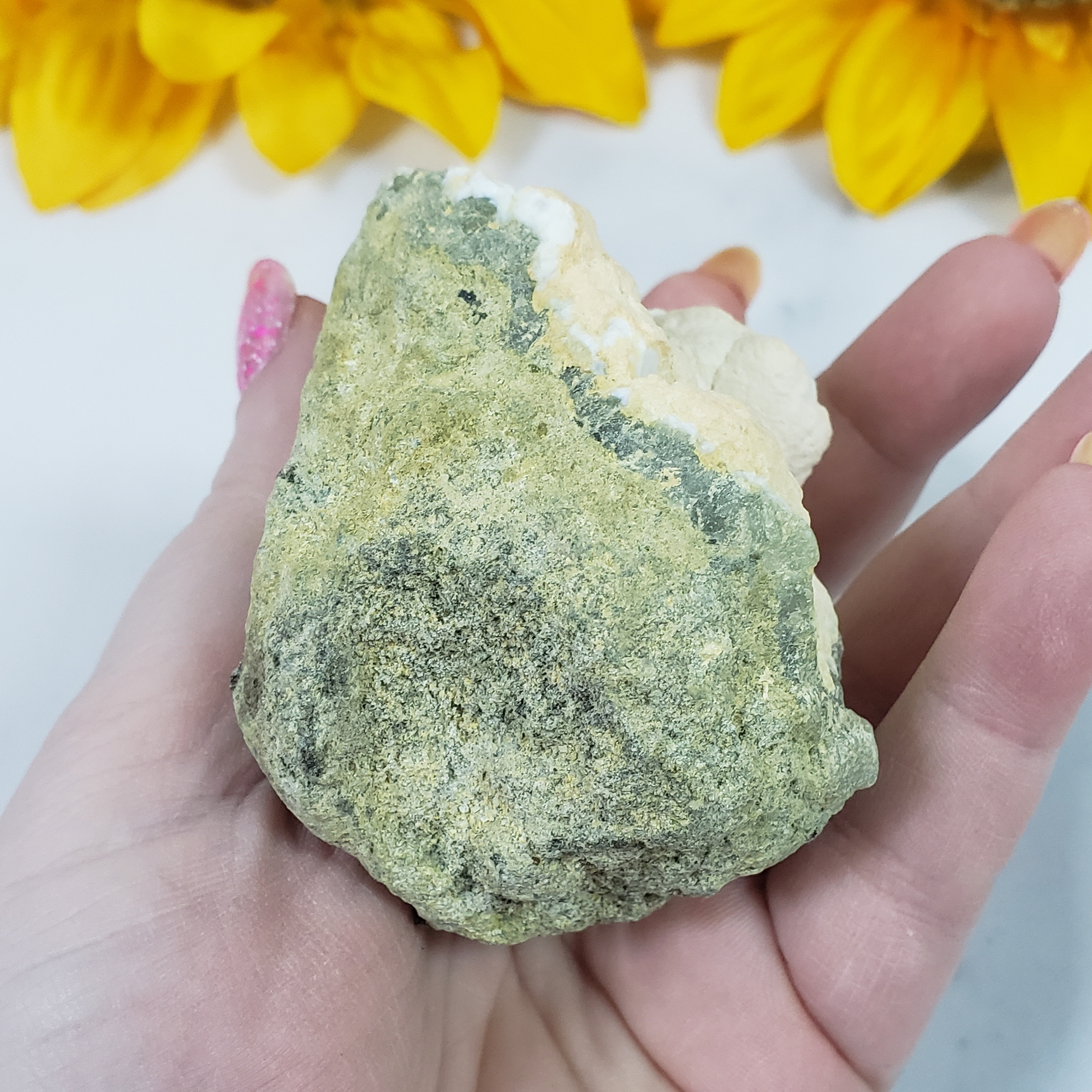 Unique Prehnite Epidote Raw Crystal Natural Gemstone - Alice - In Hand 3