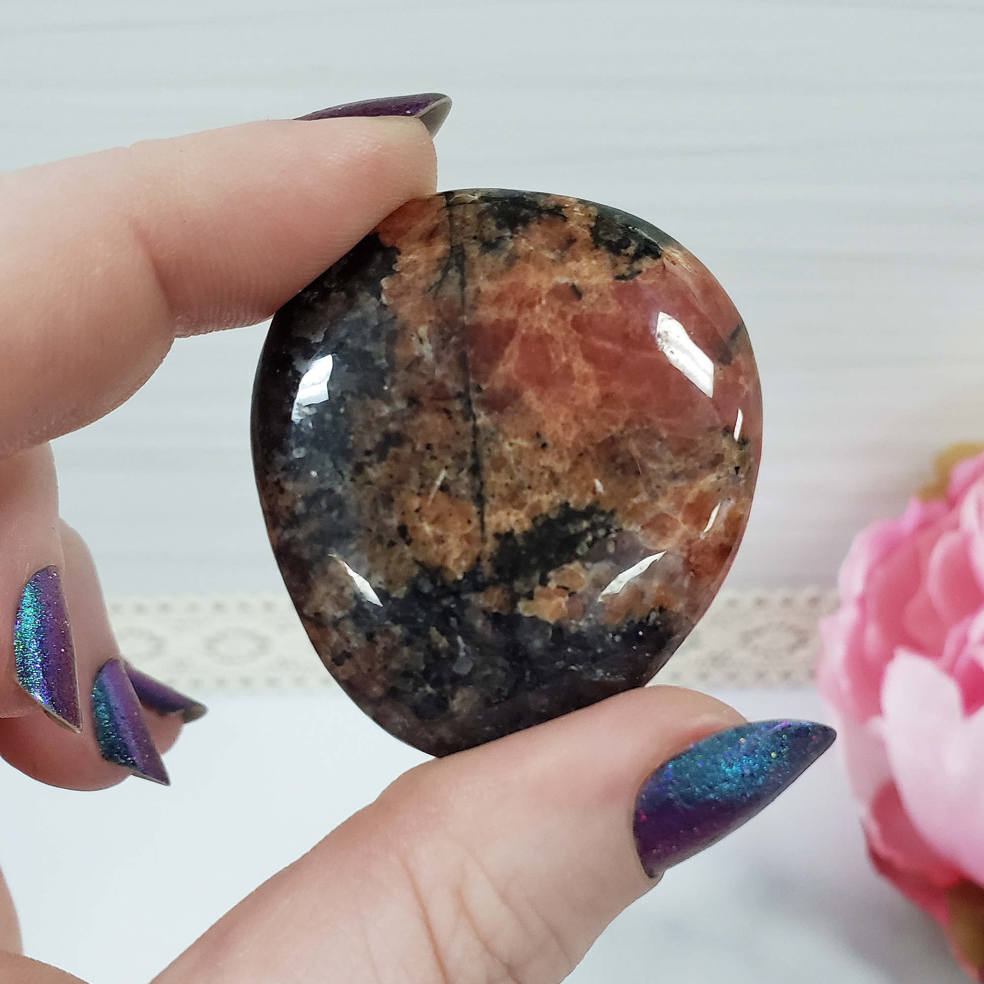 Unique Red-Orange Rhodonite Natural Crystal Palm Stone Worry Stone | Benevolence - 1