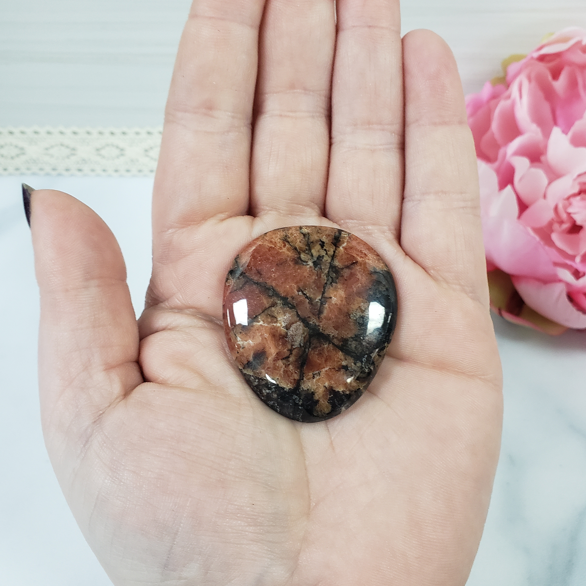 Unique Red-Orange Rhodonite Natural Crystal Palm Stone Worry Stone | Benevolence - 3