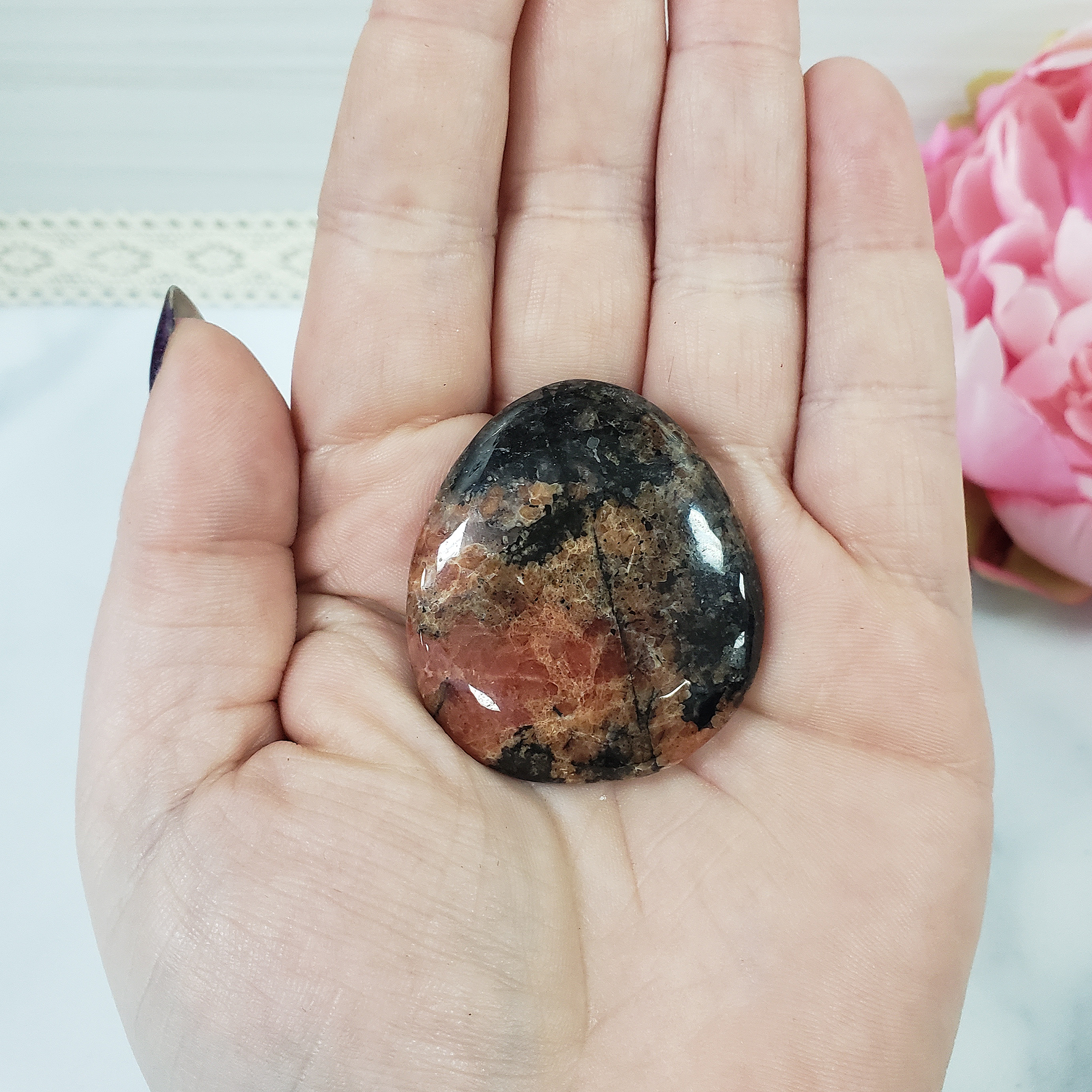 Unique Red-Orange Rhodonite Natural Crystal Palm Stone Worry Stone | Benevolence - 5