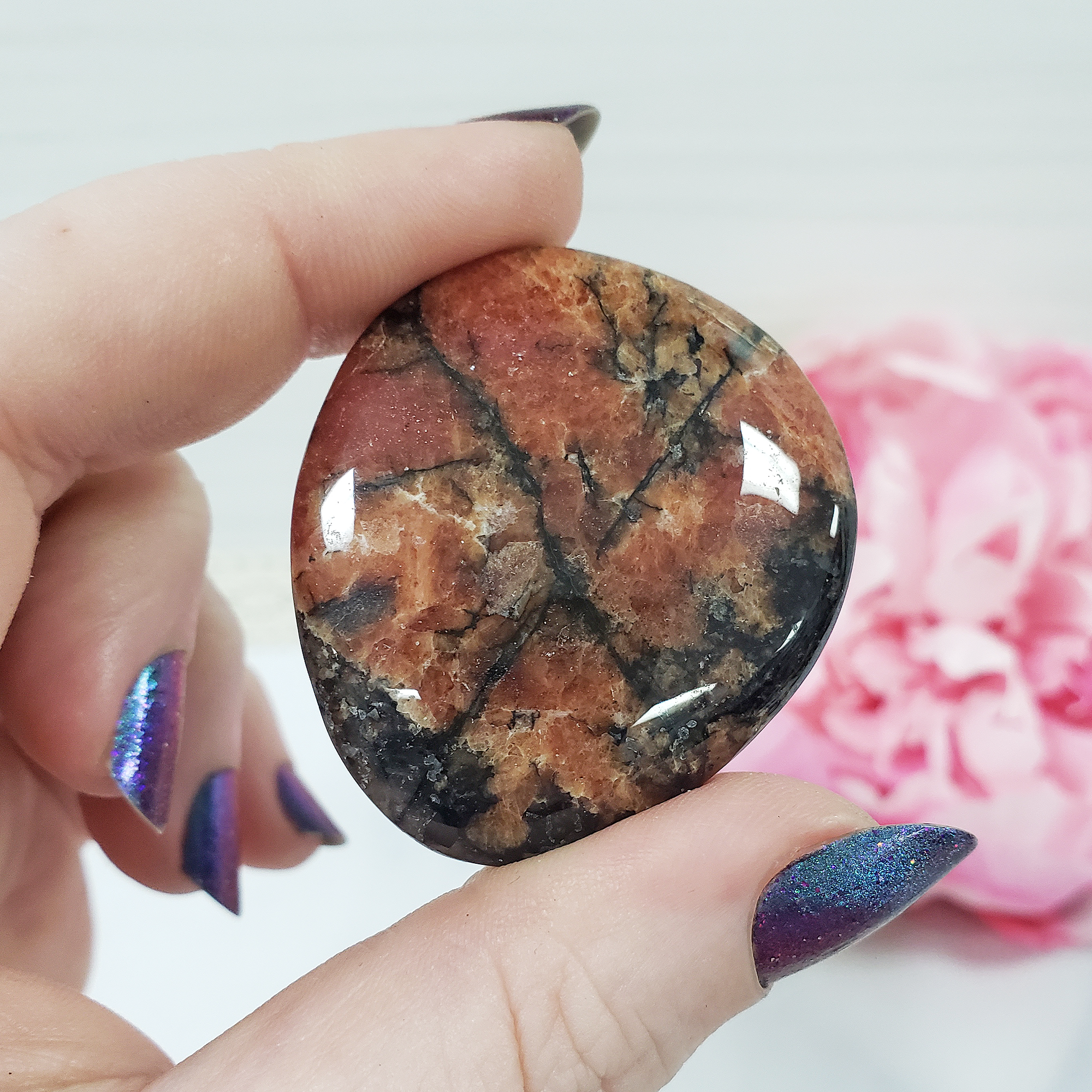 Unique Red-Orange Rhodonite Natural Crystal Palm Stone Worry Stone | Benevolence