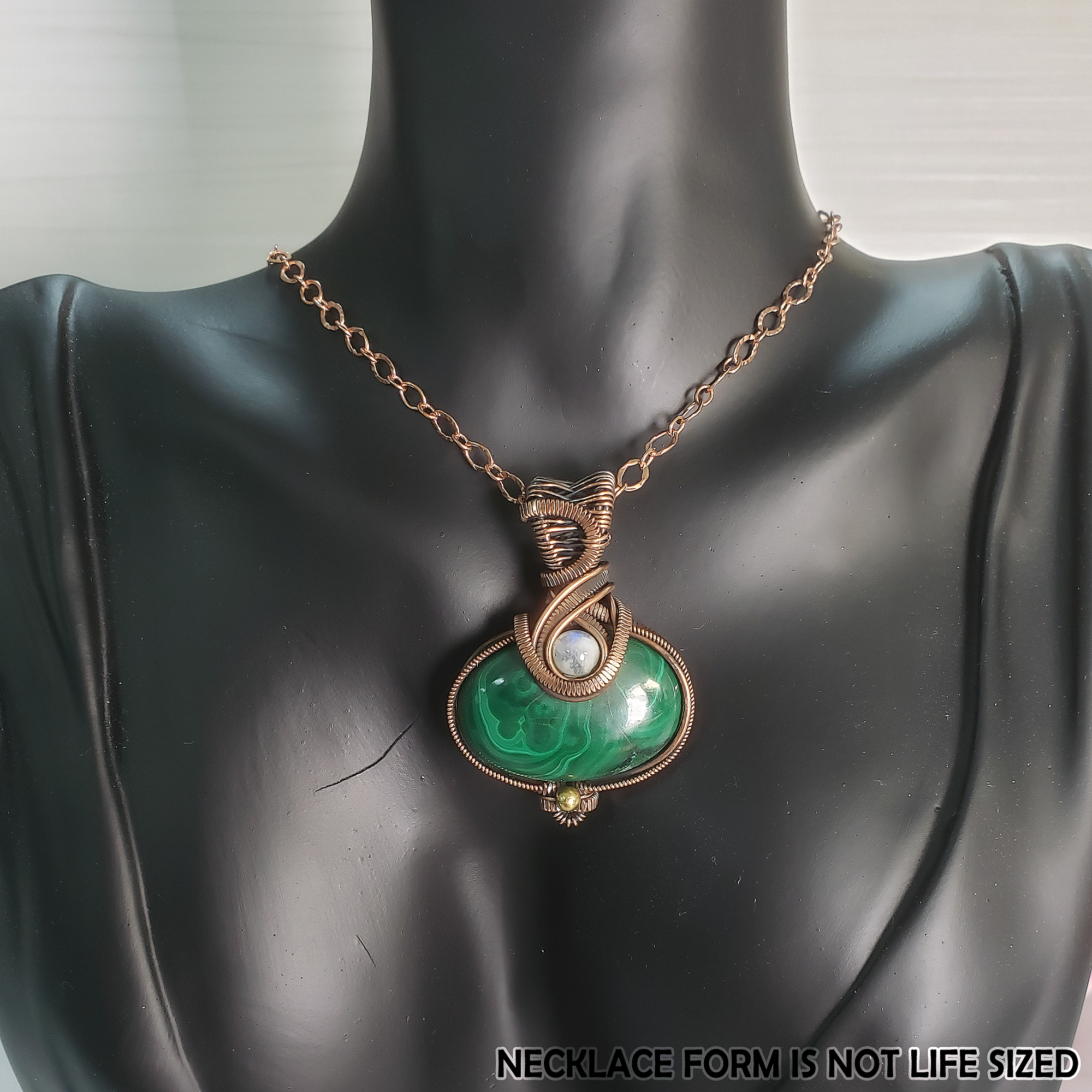 Malachite & Rainbow Moonstone Wire Wrapped Copper Pendant Necklace with Chain - Verdi - Genuine Malachite Pendant on Jewelry Form