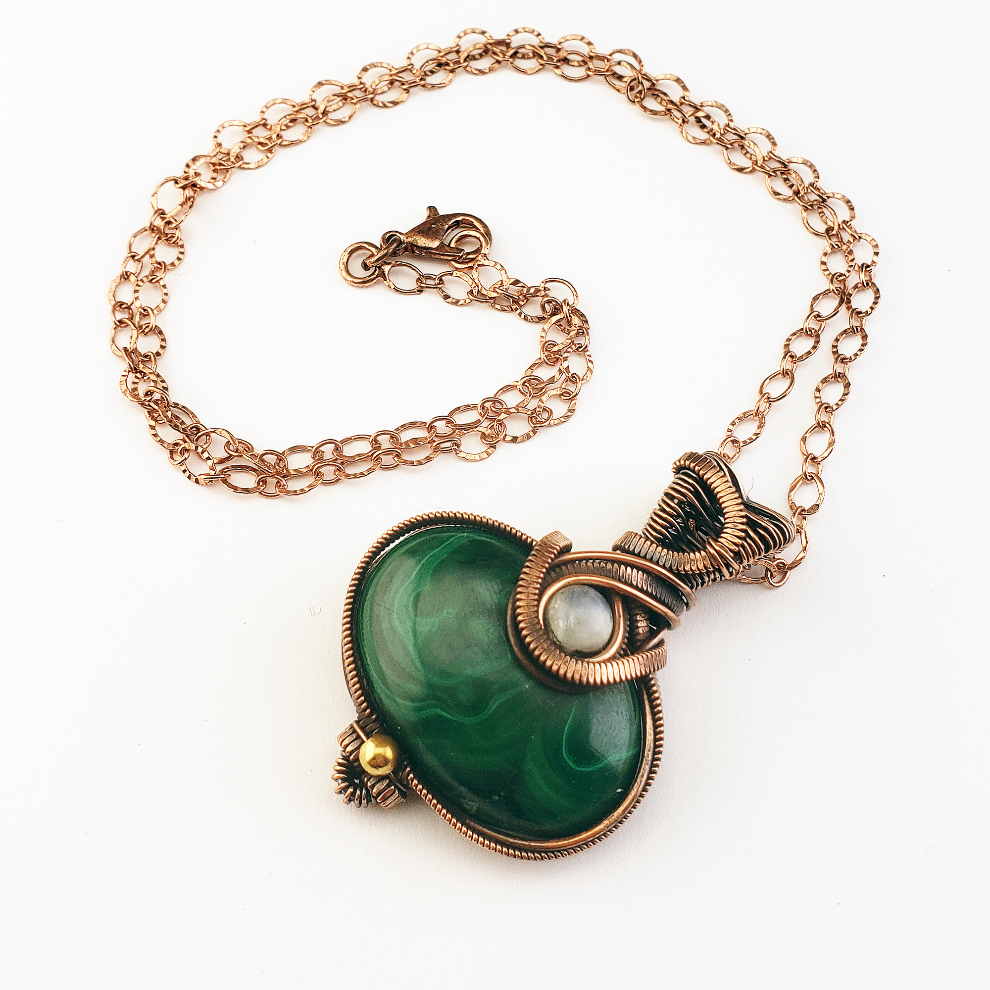 Malachite & Rainbow Moonstone Wire Wrapped Copper Pendant Necklace with Chain - Verdi