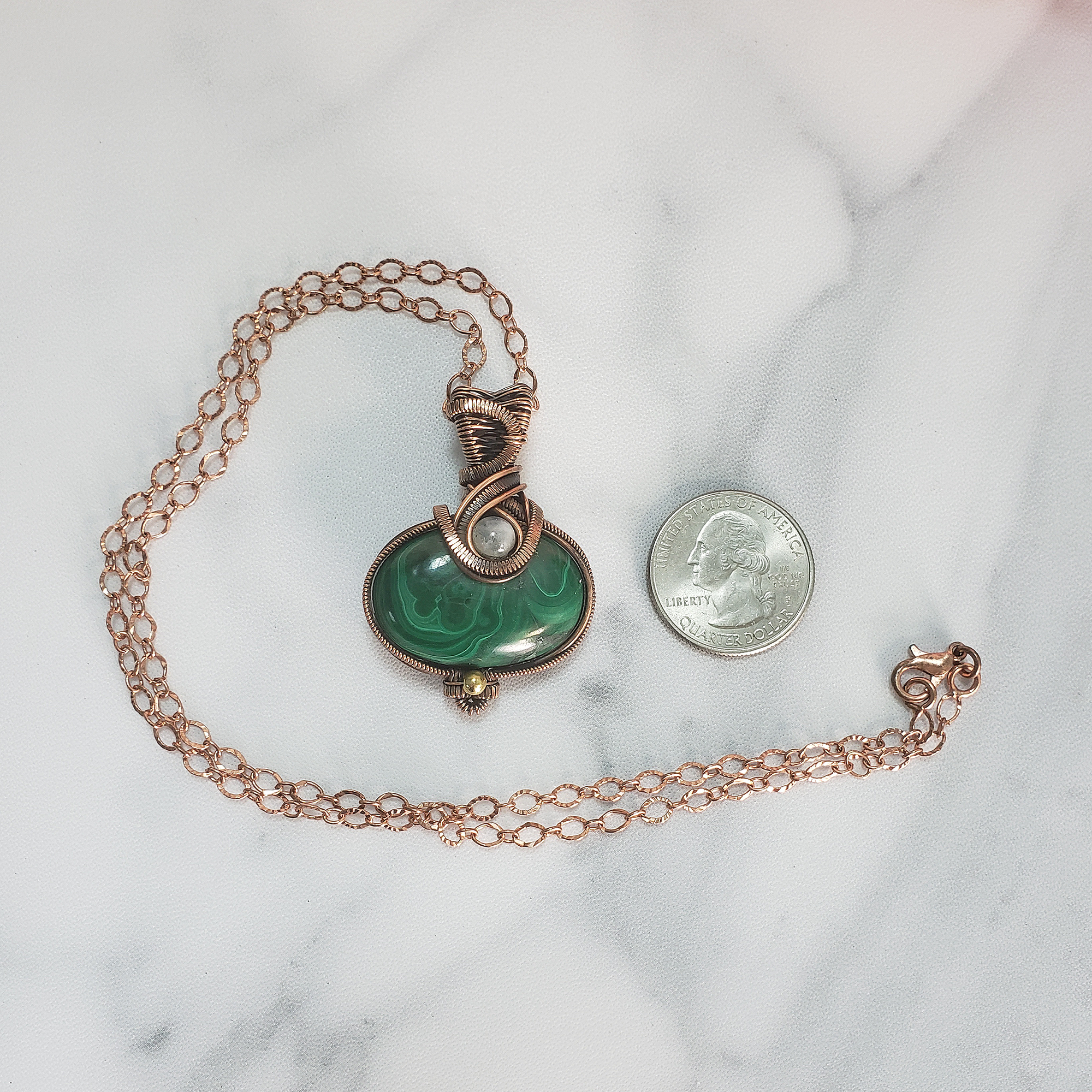 Malachite & Rainbow Moonstone Wire Wrapped Copper Pendant Necklace with Chain - Verdi - Handmade Wire Wrapped Jewelry