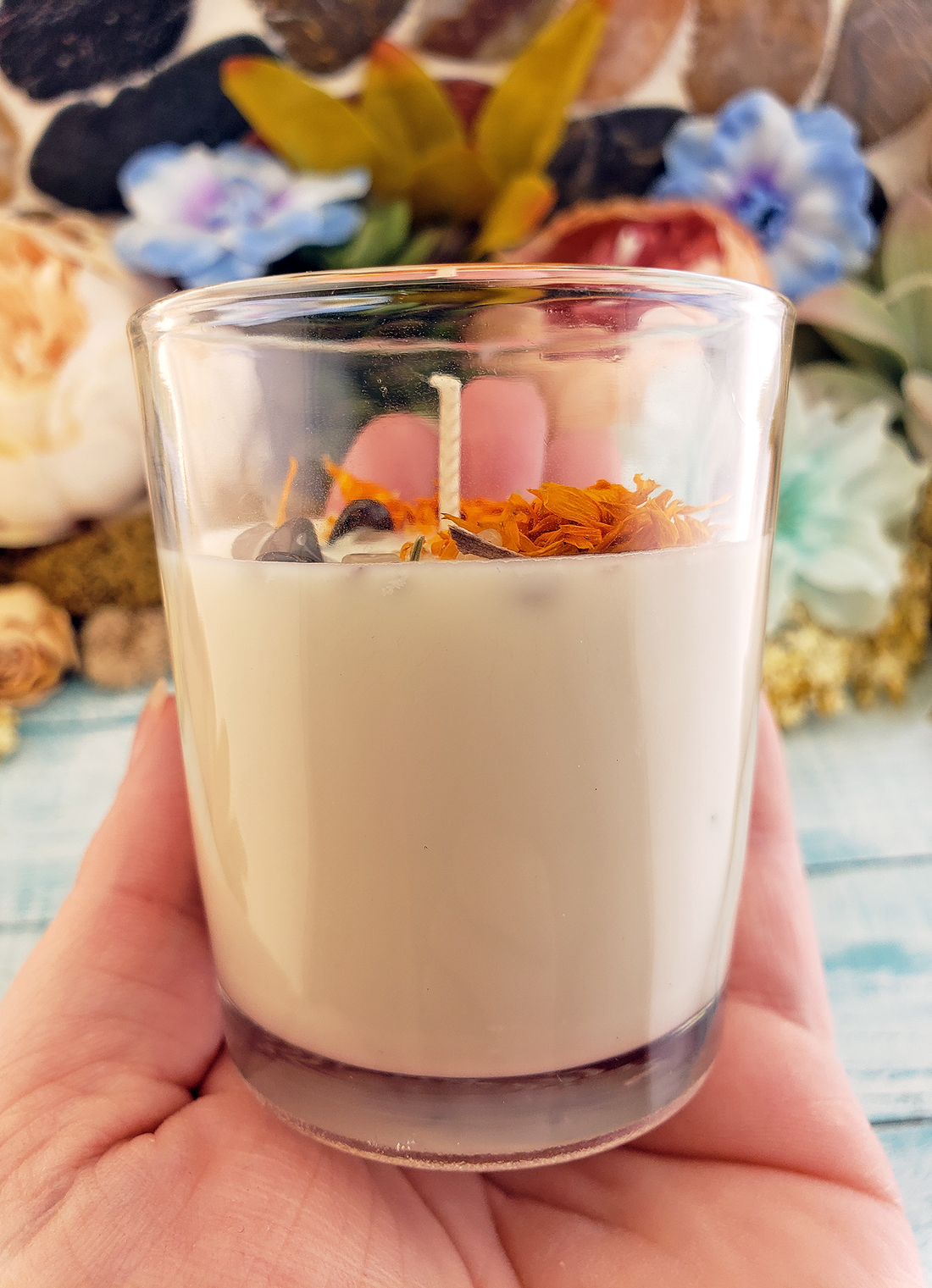 Coconut Soy Wax Handmade Scented Votive Candle & Gem Chips - Strength - Scented with Essential Oils - Decorated with Dried Herbs