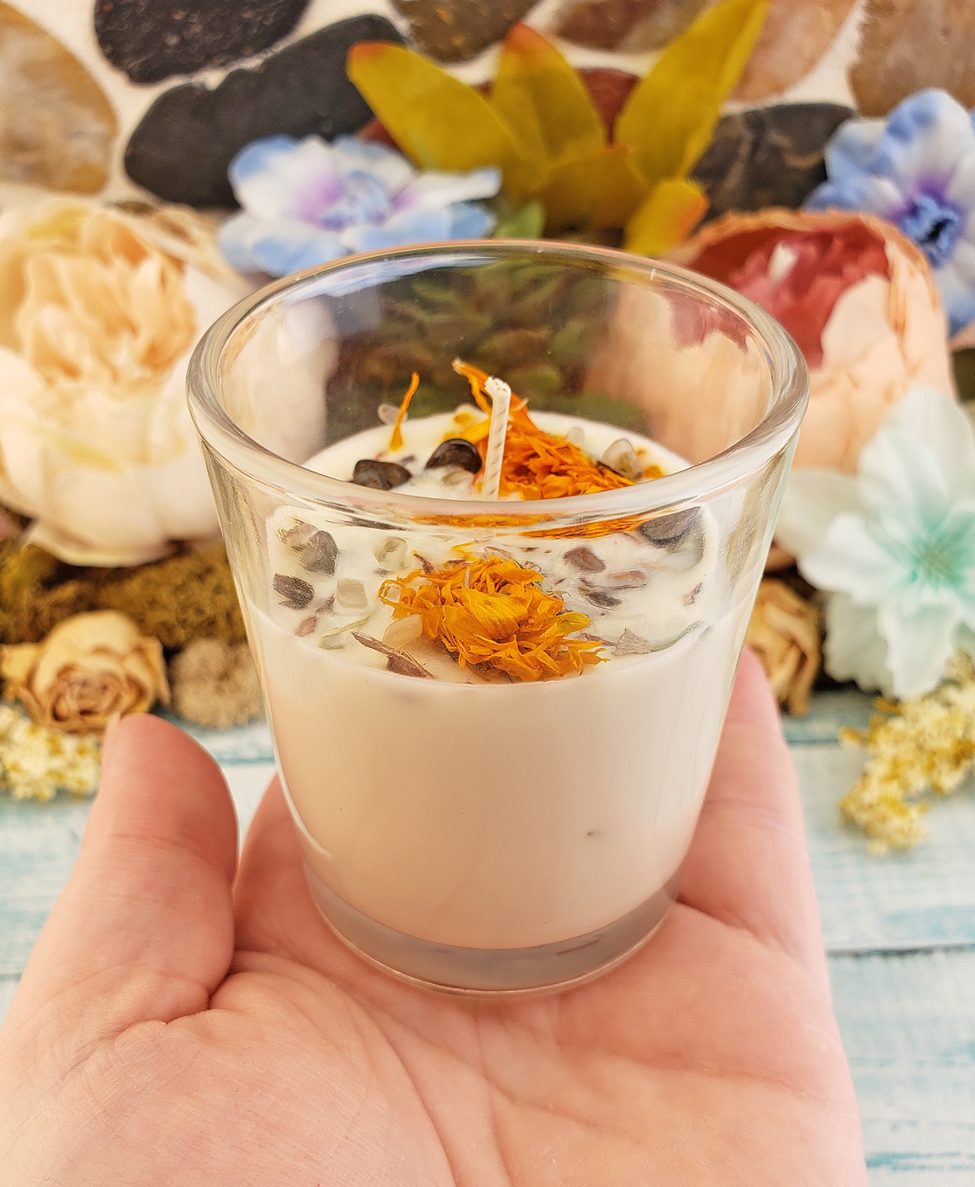 Coconut Soy Wax Handmade Scented Votive Candle & Gem Chips - Strength - Scented with Essential Oils - Decorated with Dried Herbs and Crystal Chips - Bronzite