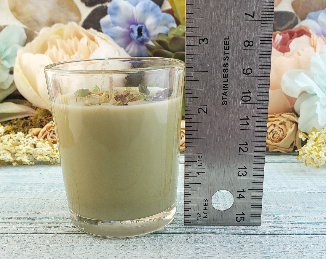 Money - Votive Coconut Soy Wax Handmade Scented Candle - Scented with Essential Oils - Decorated with Dried Herbs Crystal Chips - Measurements