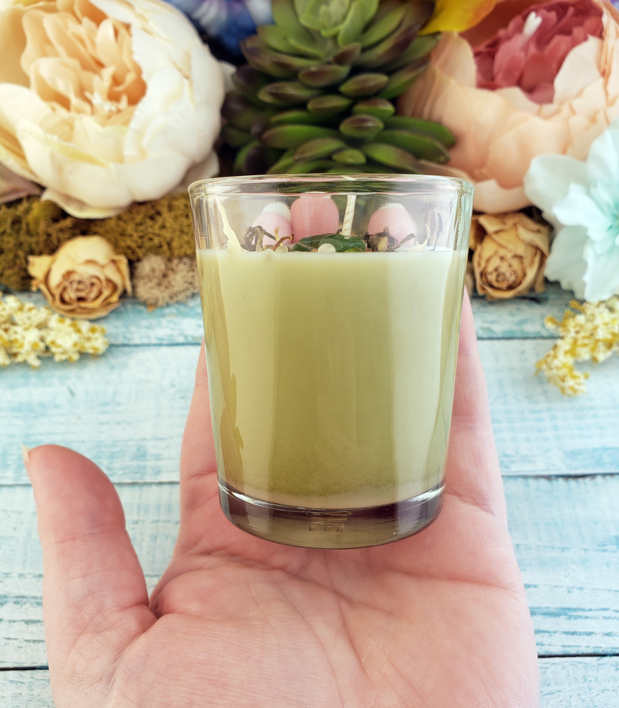 Money - Votive Coconut Soy Wax Handmade Scented Candle - Scented with Essential Oils - Decorated with Dried Herbs Crystal Chips - In Hand