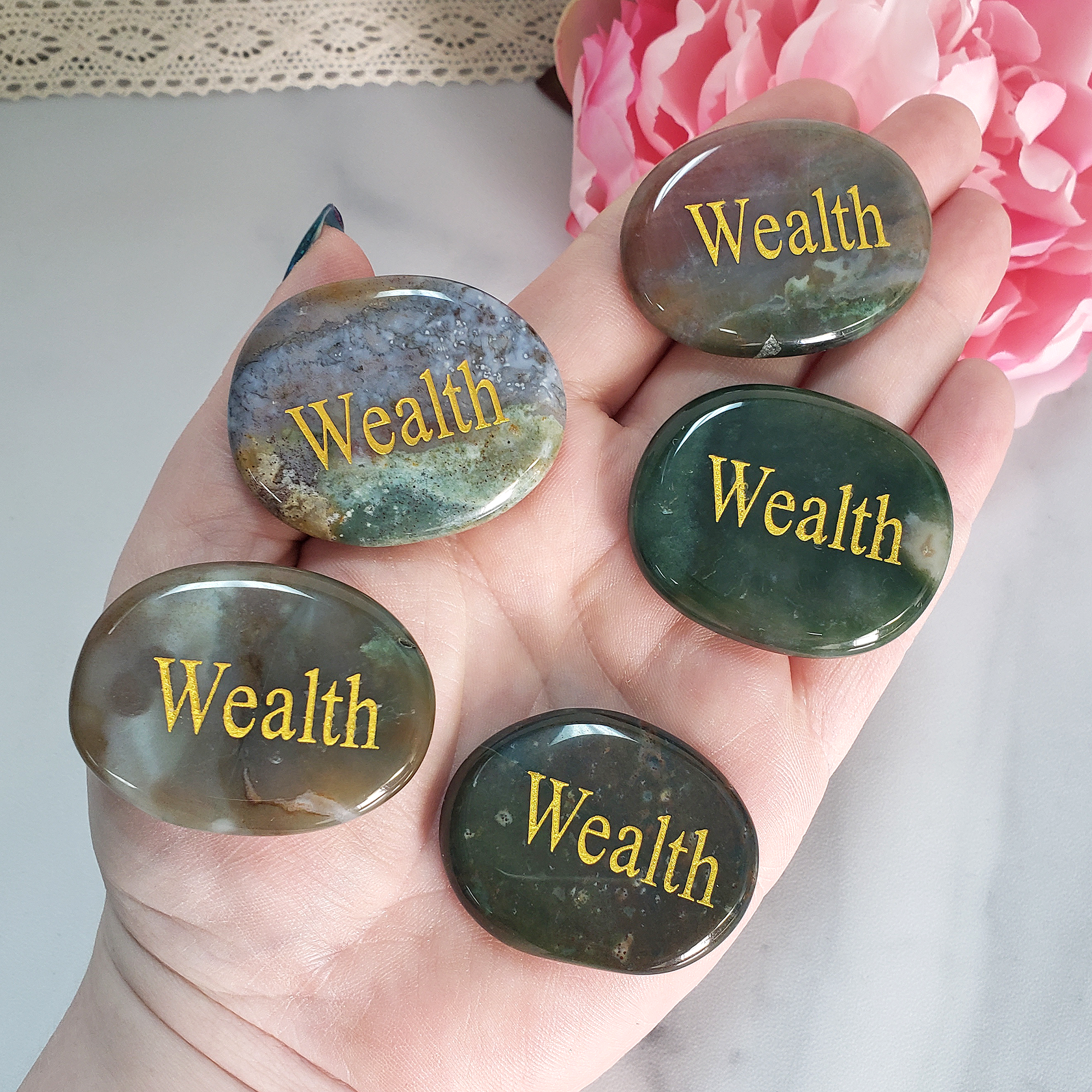 Wealth Affirmation Palm Stone | Crystal Worry Stone with "Wealth" Engraving - Moss Agate, Fancy Agate, Fancy Jasper
