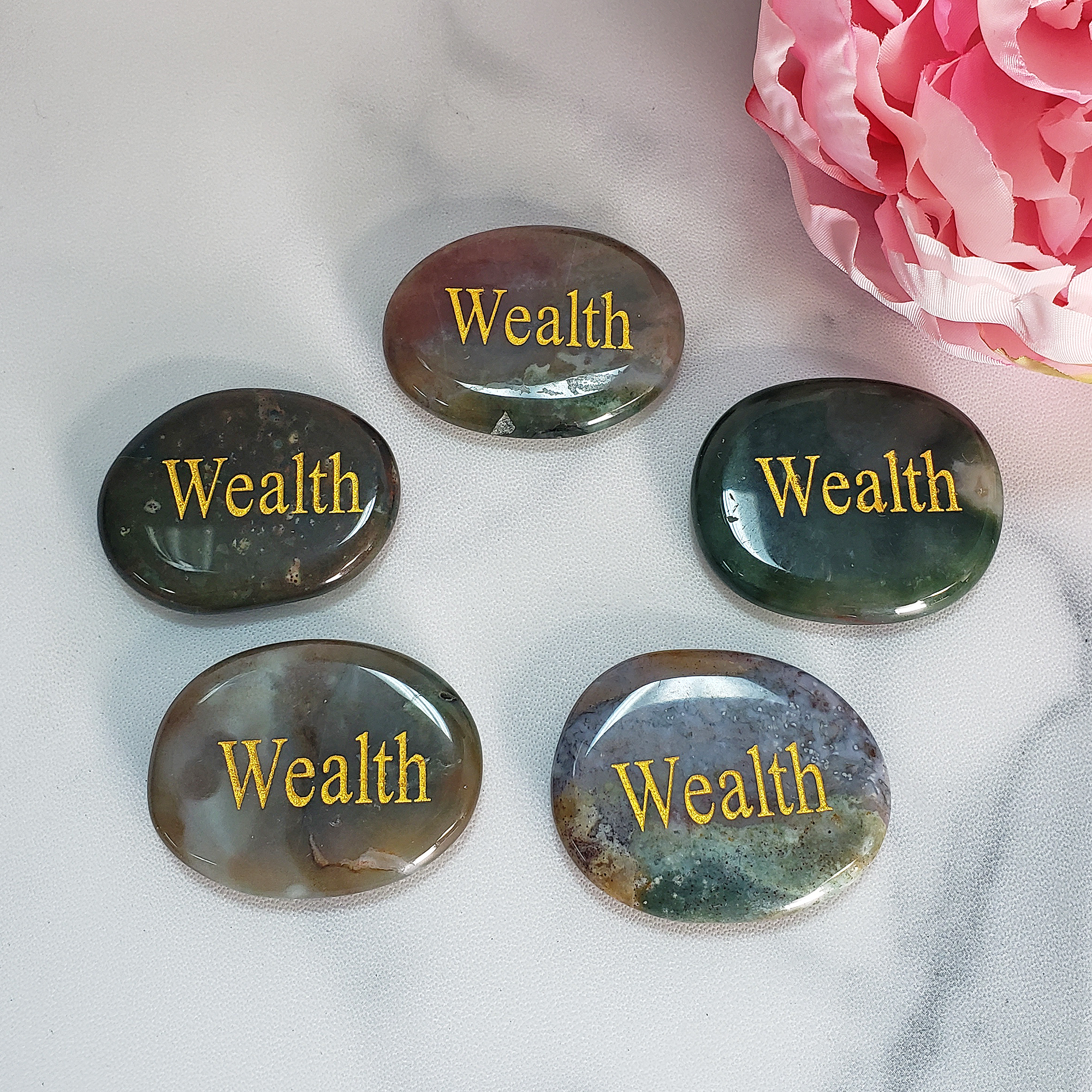 Wealth Affirmation Palm Stone | Crystal Worry Stone with &quot;Wealth&quot; Engraving