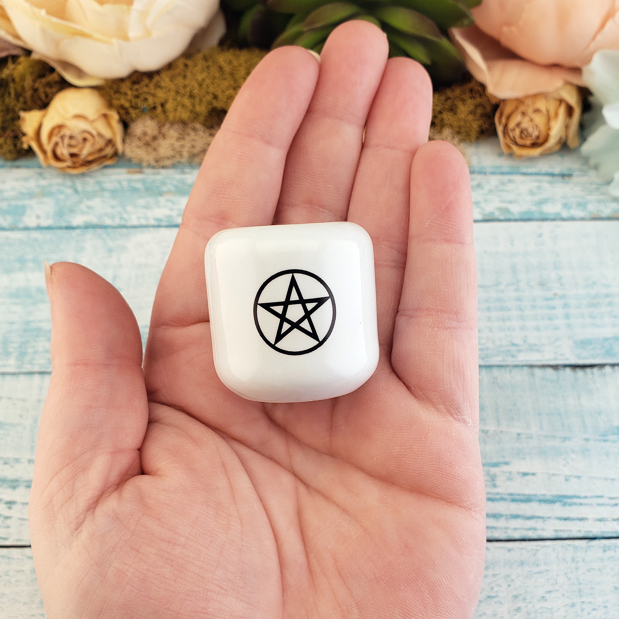White Pentacle Ceramic Sphere Stand - Chime Candle Holder - Incense Holder - In Hand