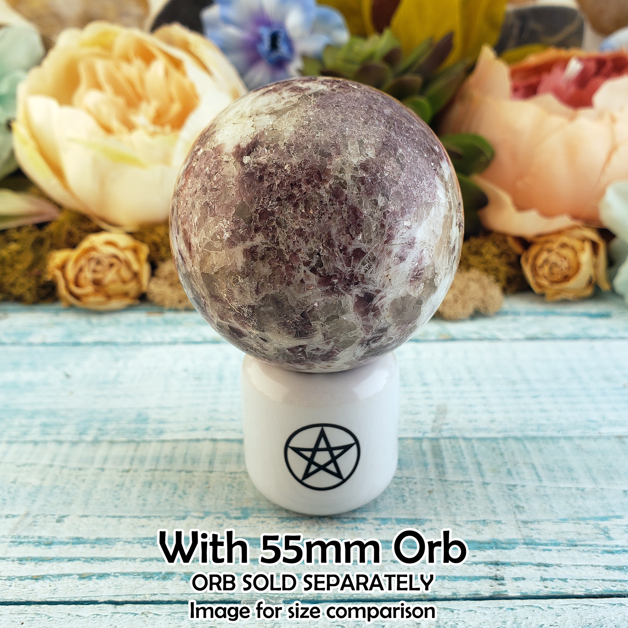 White Pentacle Ceramic Sphere Stand - Chime Candle Holder - Incense Holder - with 55mm Crystal Sphere for Size Comparison
