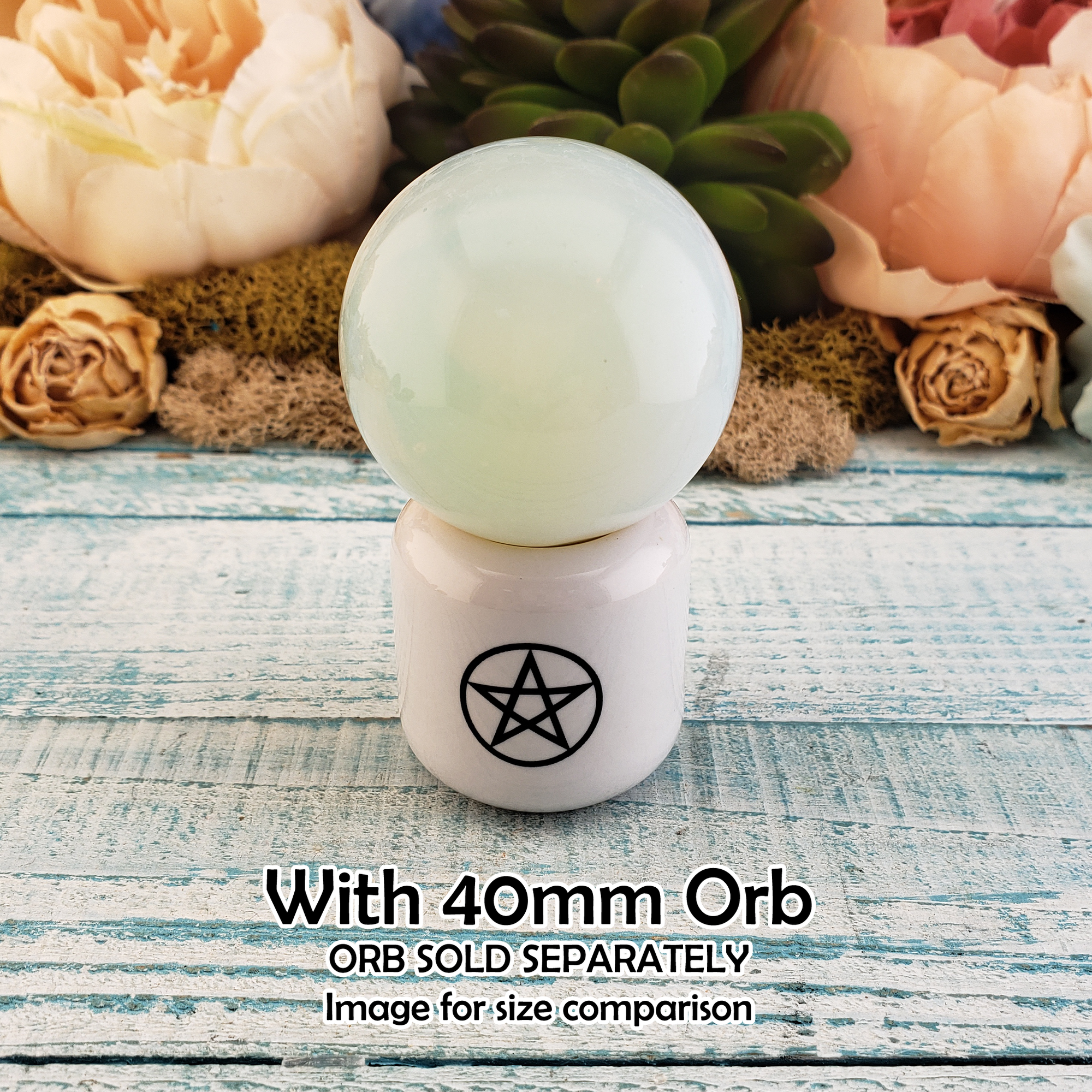 White Pentacle Ceramic Sphere Stand - Chime Candle Holder - Incense Holder - with 40mm Crystal Sphere for Size Comparison