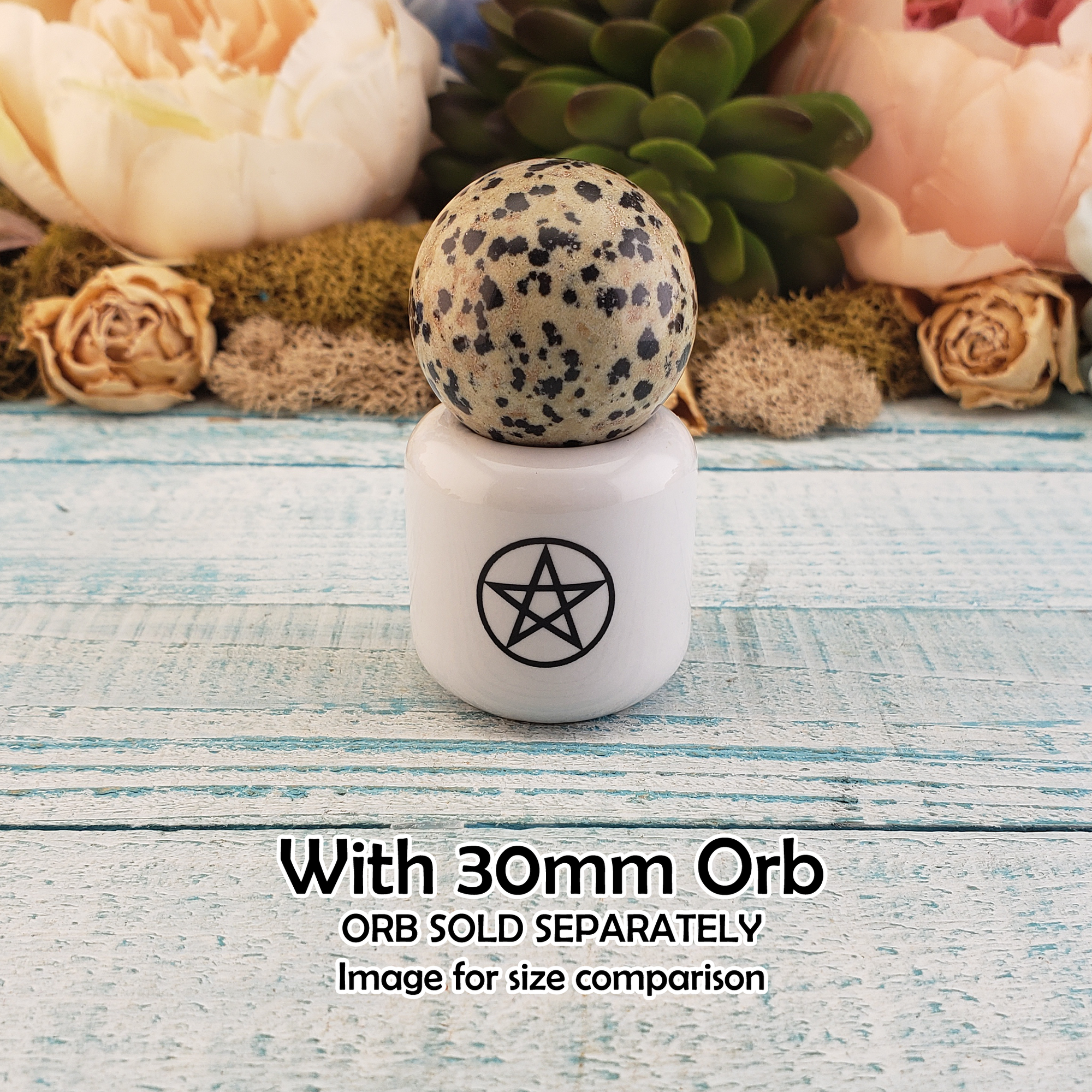 White Pentacle Ceramic Sphere Stand - Chime Candle Holder - Incense Holder - with 30mm Crystal Sphere for Size Comparison