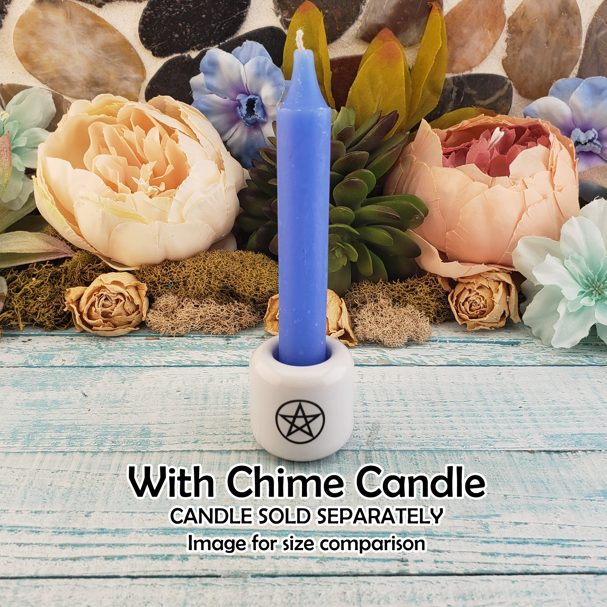 White Pentacle Ceramic Sphere Stand - Chime Candle Holder - Incense Holder - with Chime Candle for Size Comparison