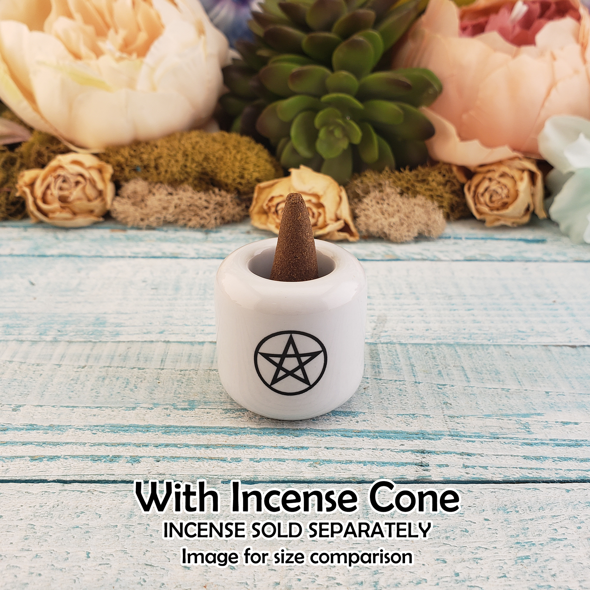 White Pentacle Ceramic Sphere Stand - Chime Candle Holder - Incense Holder - with Incense Cone for Size Comparison