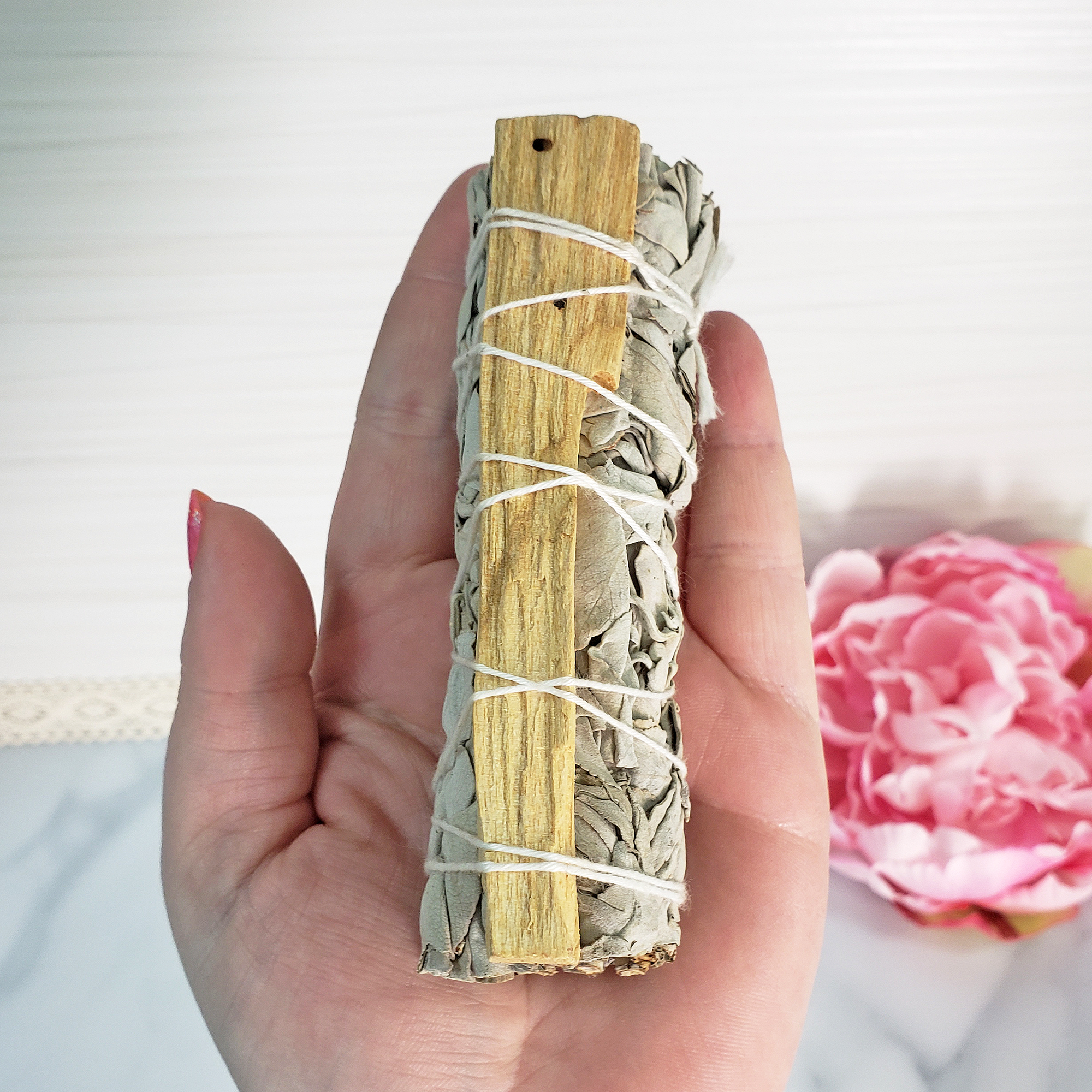 White Sage Smudge Stick with Palo Santo Wood | Smudging Sage for Spiritual Cleansing - In Hand 2