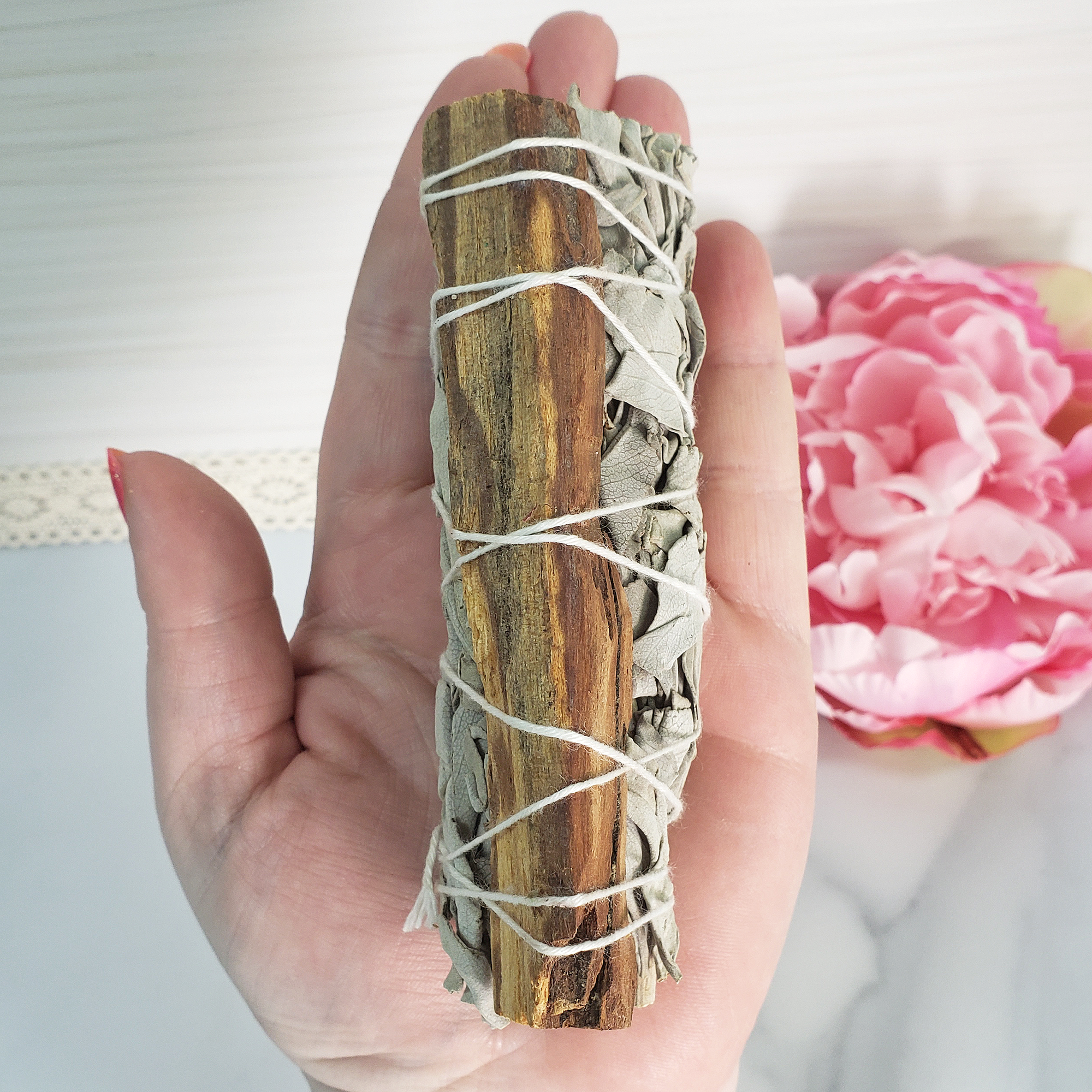 White Sage Smudge Stick with Palo Santo Wood | Smudging Sage for Spiritual Cleansing - In Hand