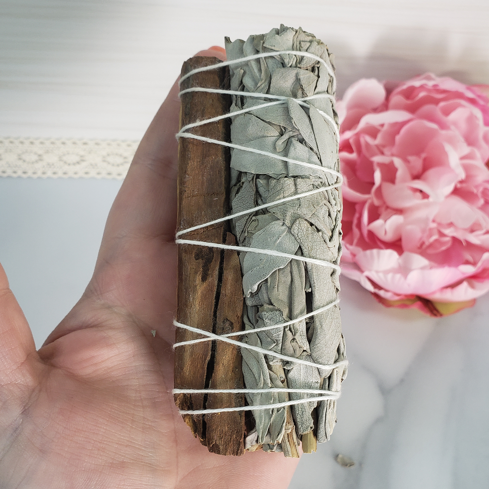 White Sage Smudge Stick with Palo Santo Wood | Smudging Sage for Spiritual Cleansing - In Hand 3