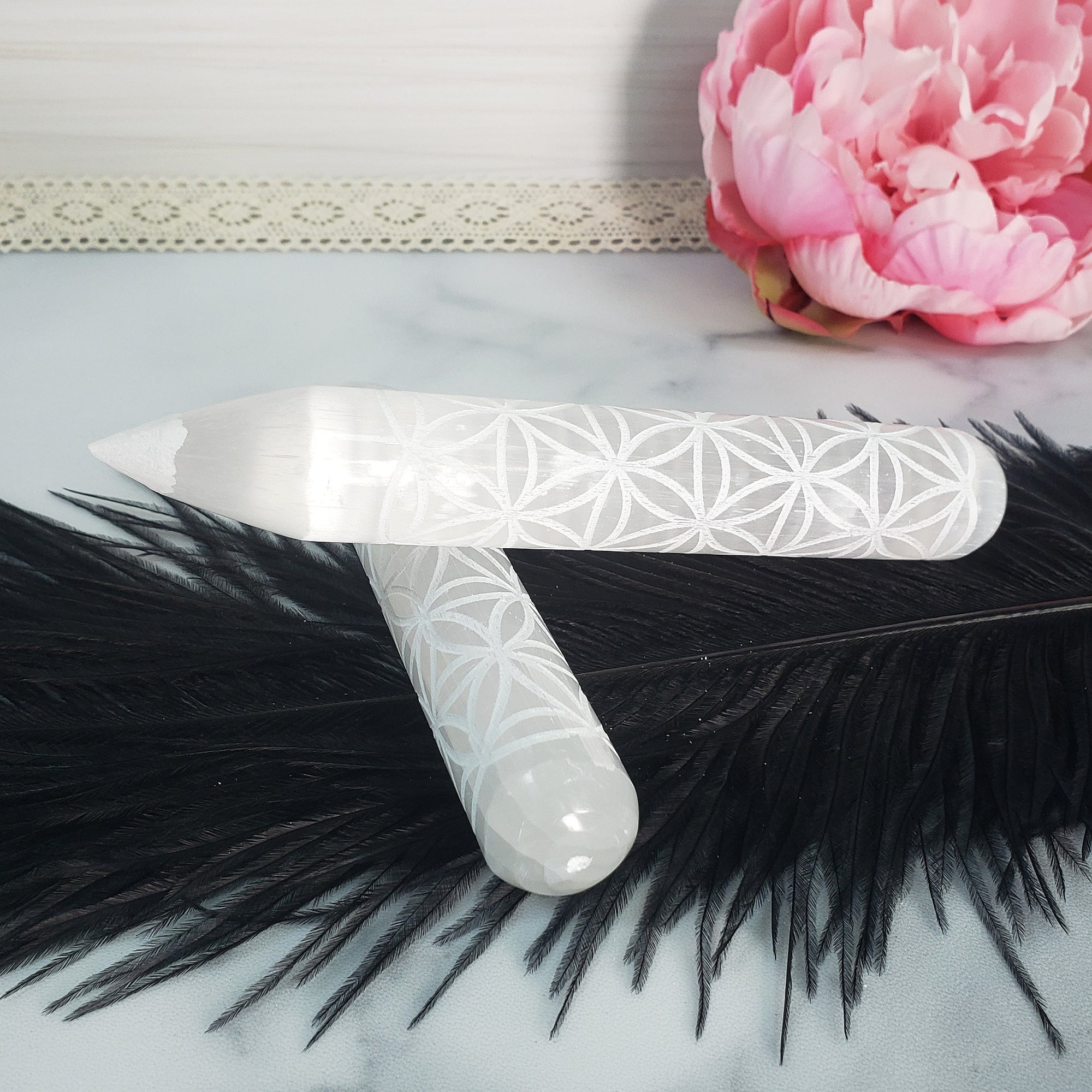 White Selenite Crystal Wand Natural Gemstone Charger | Sacred Geometry Flower of Life - 4