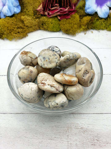 white opal stones in glass bowl