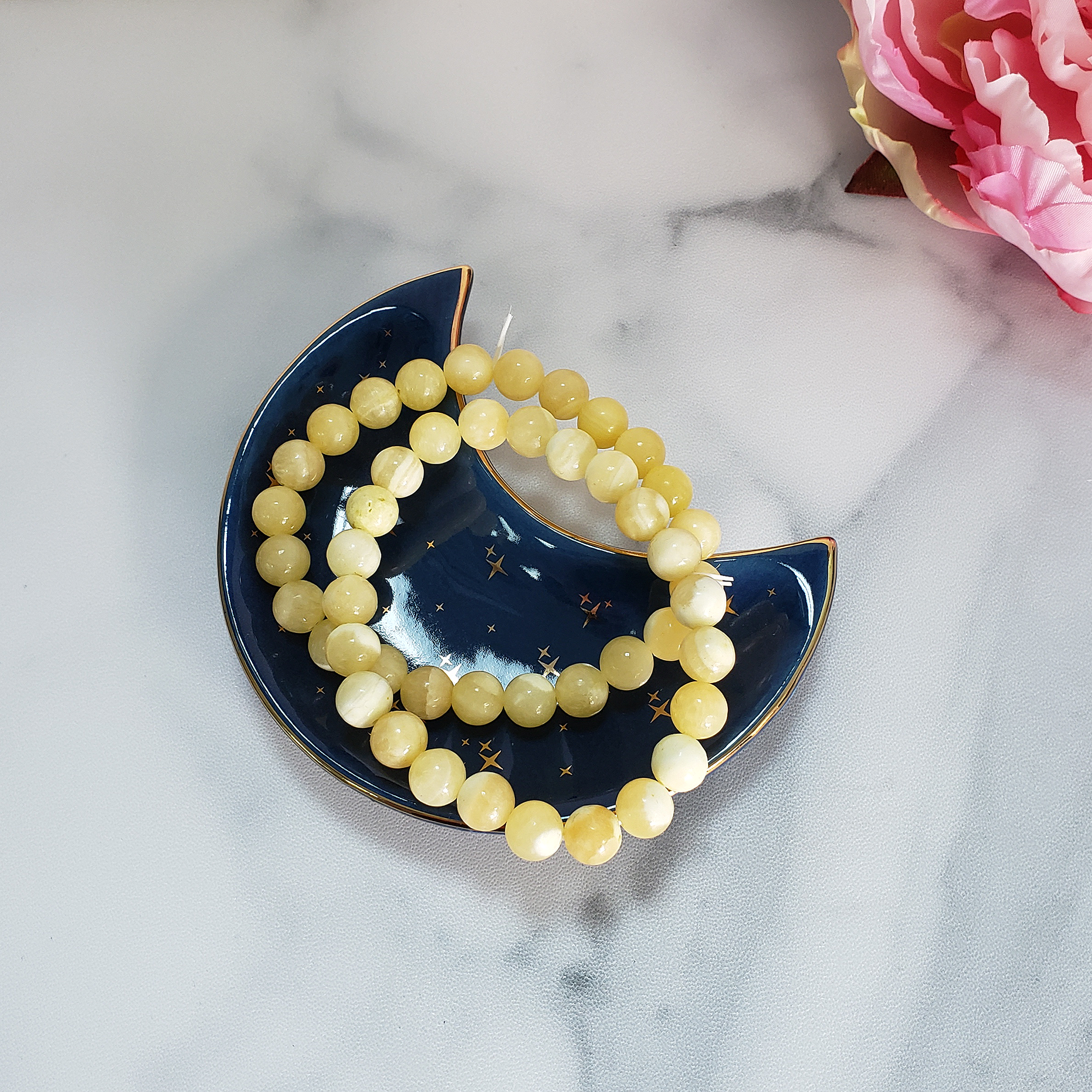 Yellow Calcite Gemstone 8mm Bead Bracelet - Two Bracelets in Jewelry Dish