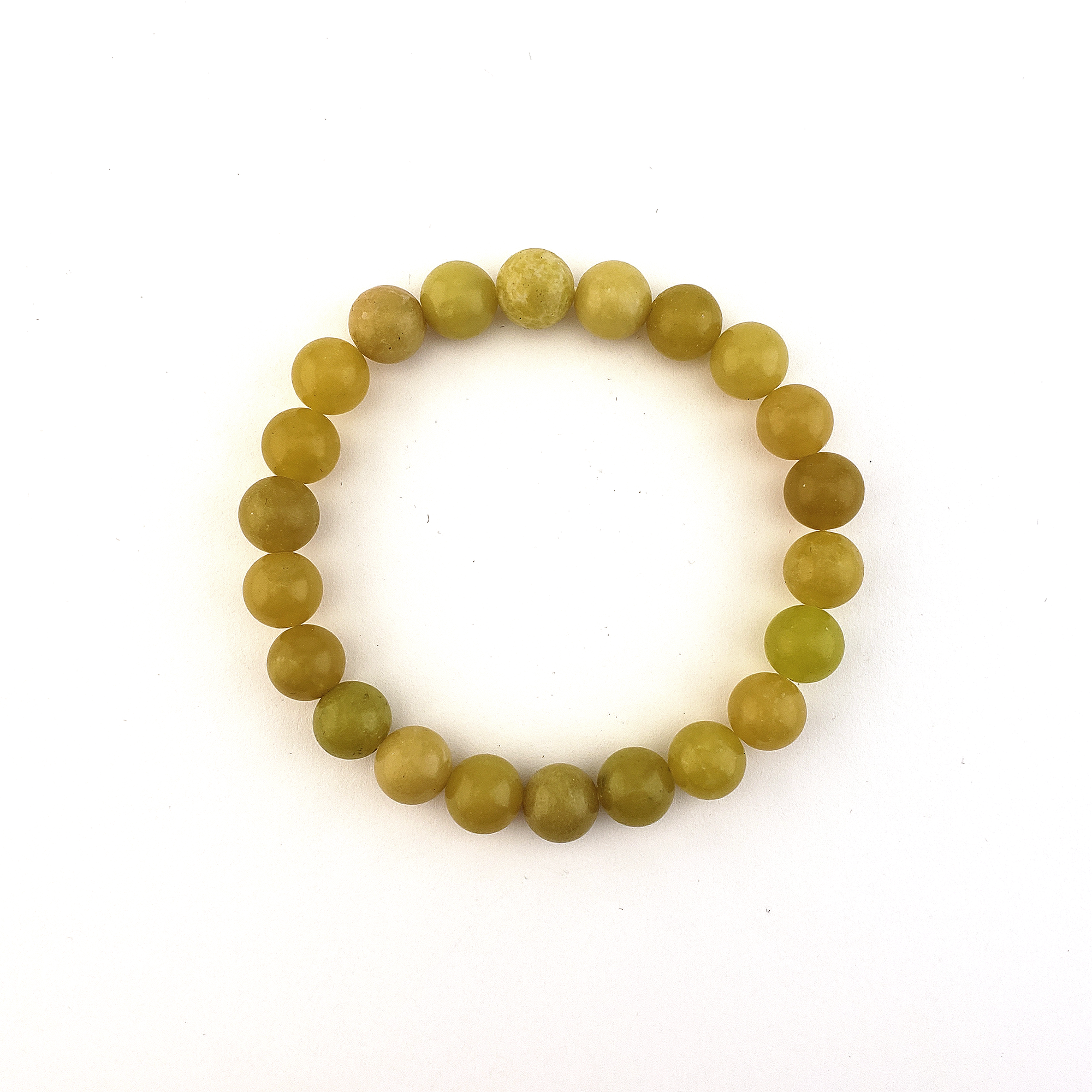 Yellow Serpentine Natural Crystal 7-8mm Bead Bracelet - One Serpentine Crystal Elastic Bracelet on White Background