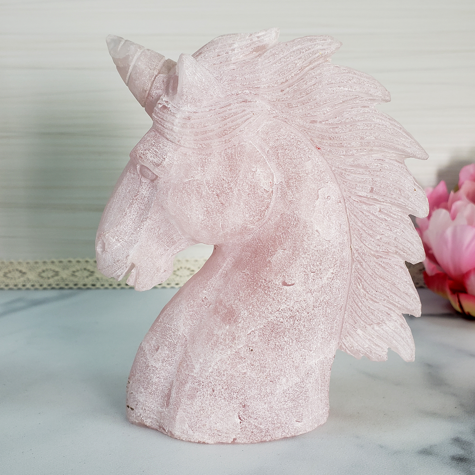 Unique Rose Quartz Crystal Unicorn Natural Gemstone Carving | Amalthea - 3