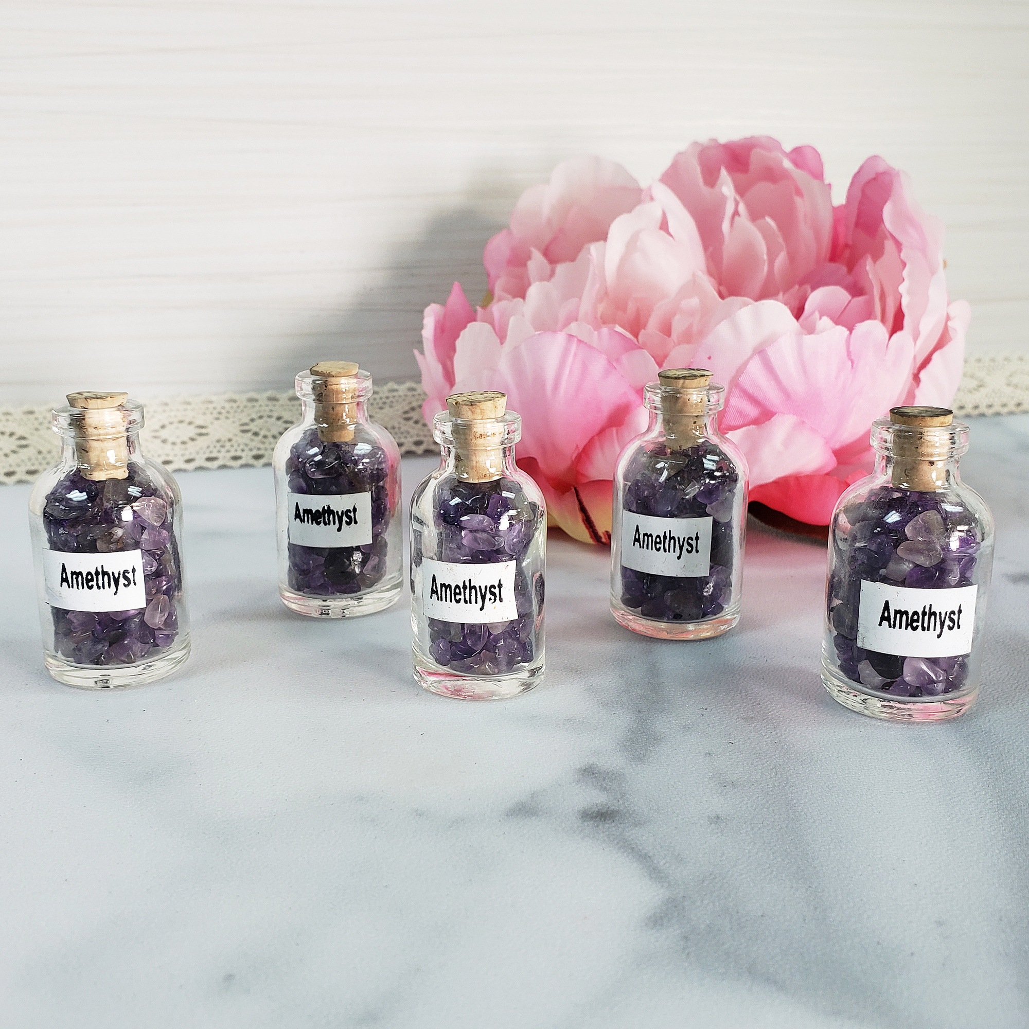 Amethyst Crystal Natural Gemstone Chips in Glass Bottle