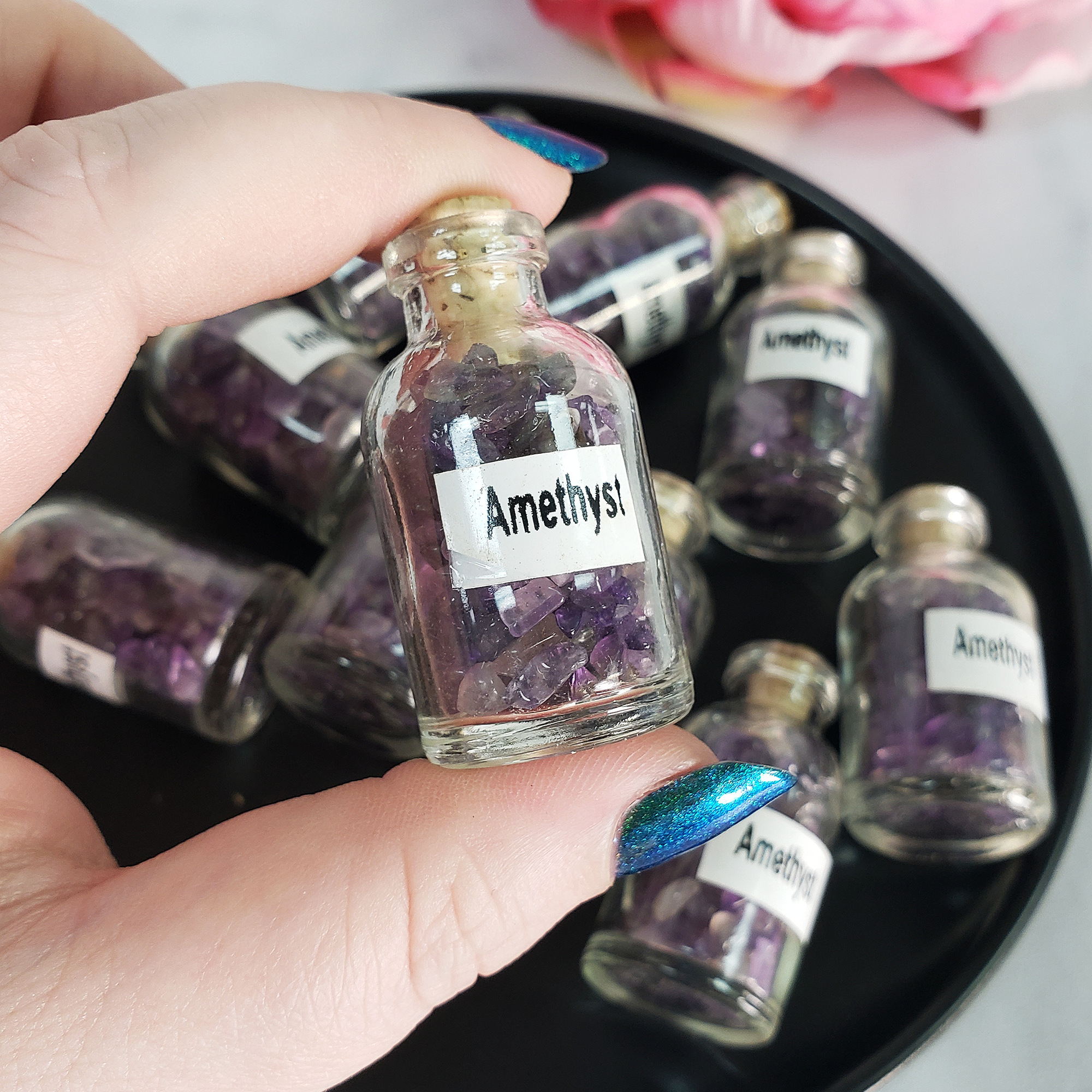 Amethyst Crystal Natural Gemstone Chips in Glass Bottle - 1