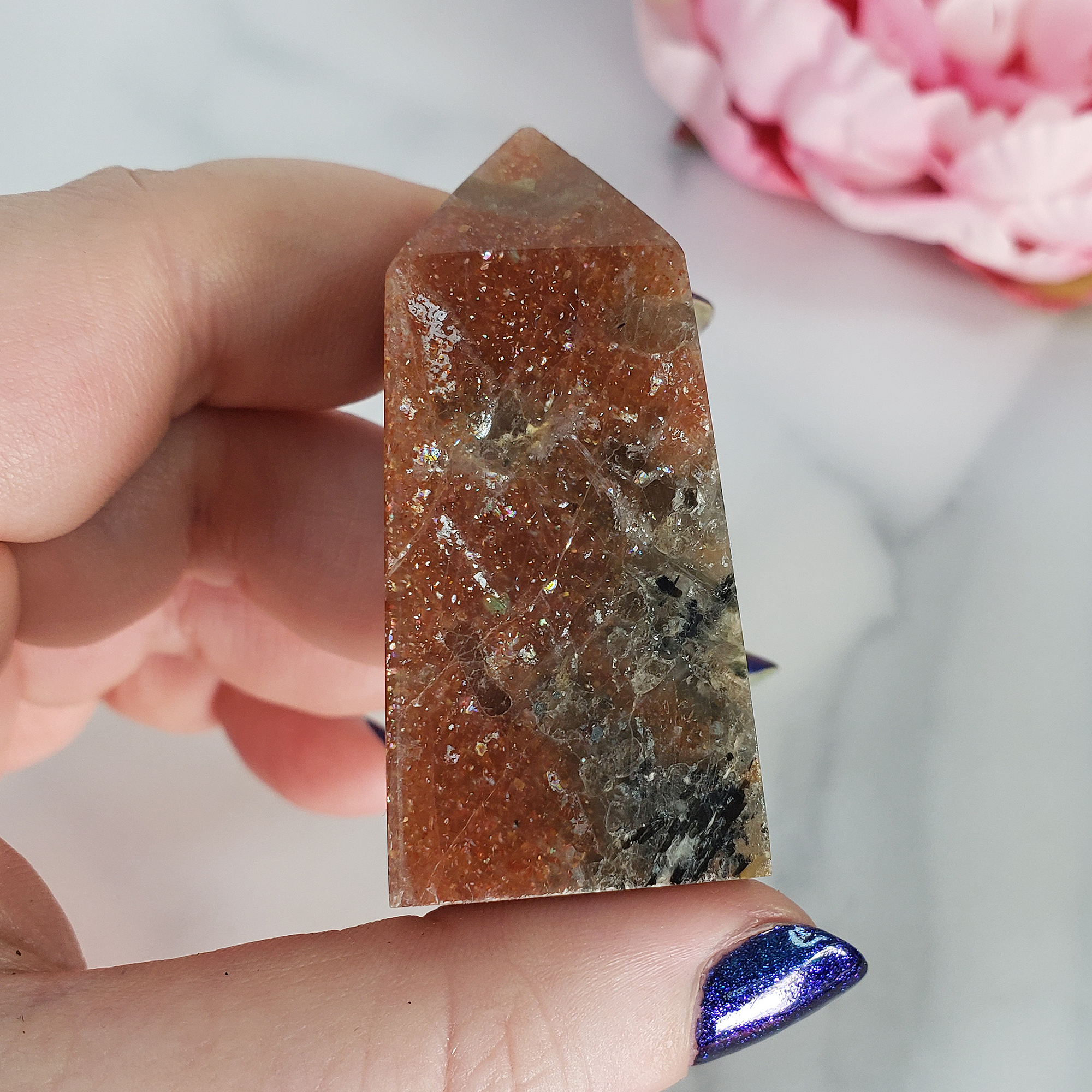 Unique Small Confetti Sunstone with Smoky Quartz & Black Tourmaline Natural Crystal Tower Point - Amun - 4