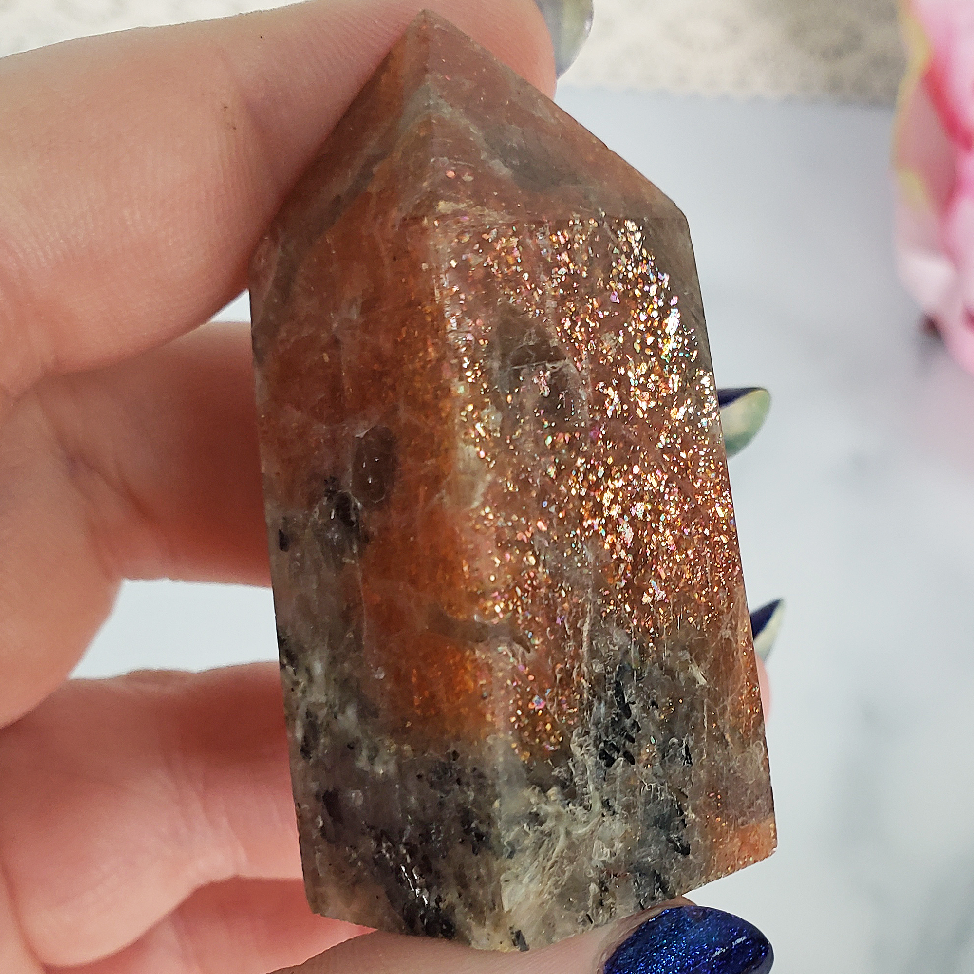 Unique Small Confetti Sunstone with Smoky Quartz &amp; Black Tourmaline Natural Crystal Tower Point - Amun - 1