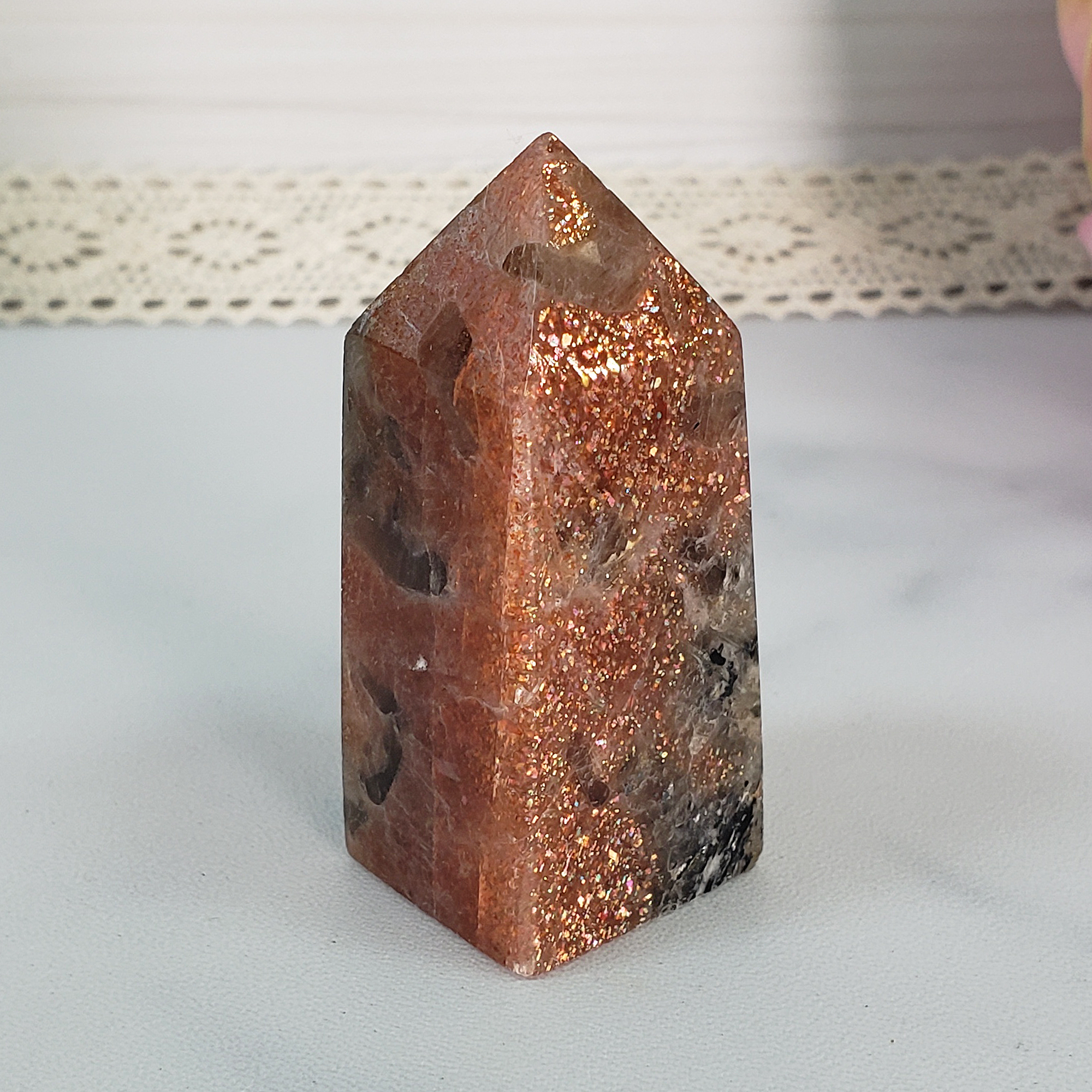 Unique Small Confetti Sunstone with Smoky Quartz & Black Tourmaline Natural Crystal Tower Point - Amun