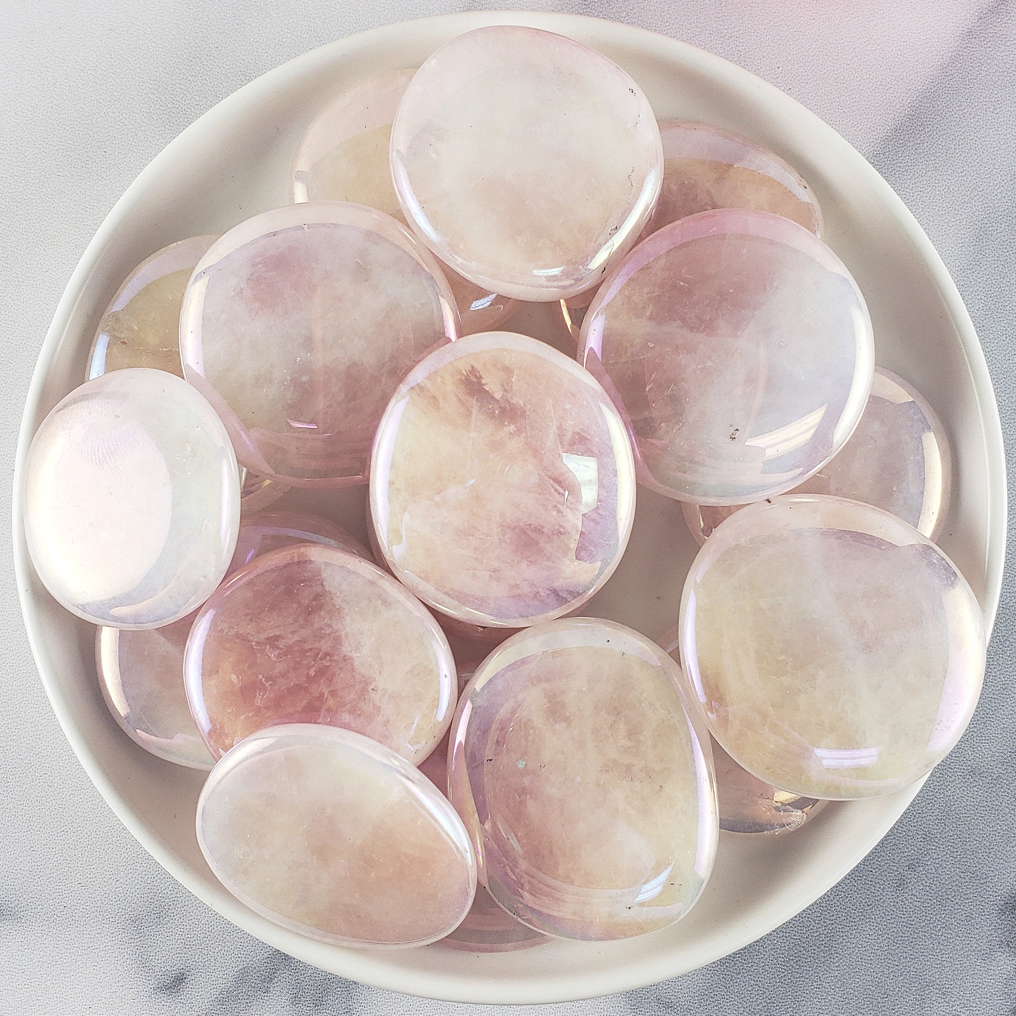 Angel Aura Rose Quartz Crystal Titanium Aura Coated Palm Stone for Meditation