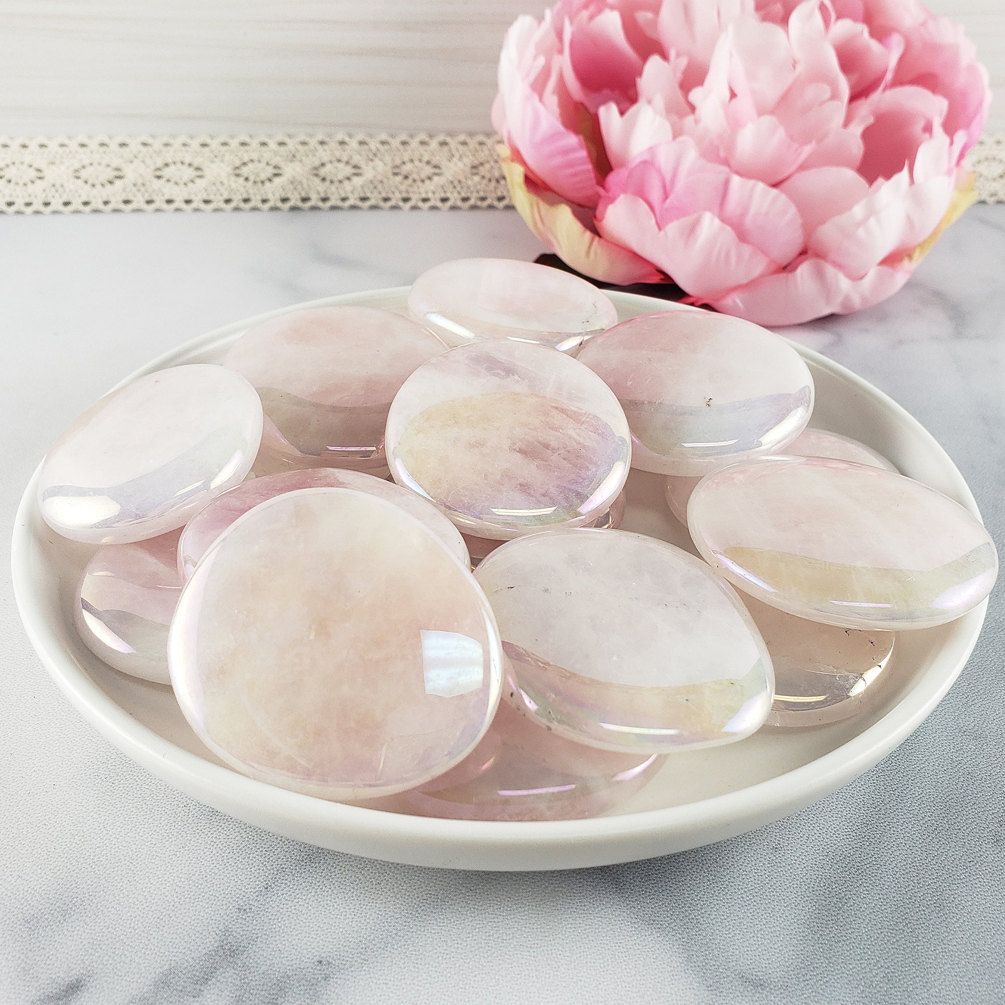 Angel Aura Rose Quartz Crystal Titanium Aura Coated Palm Stone for Meditation - Heart Chakra Stone - 7